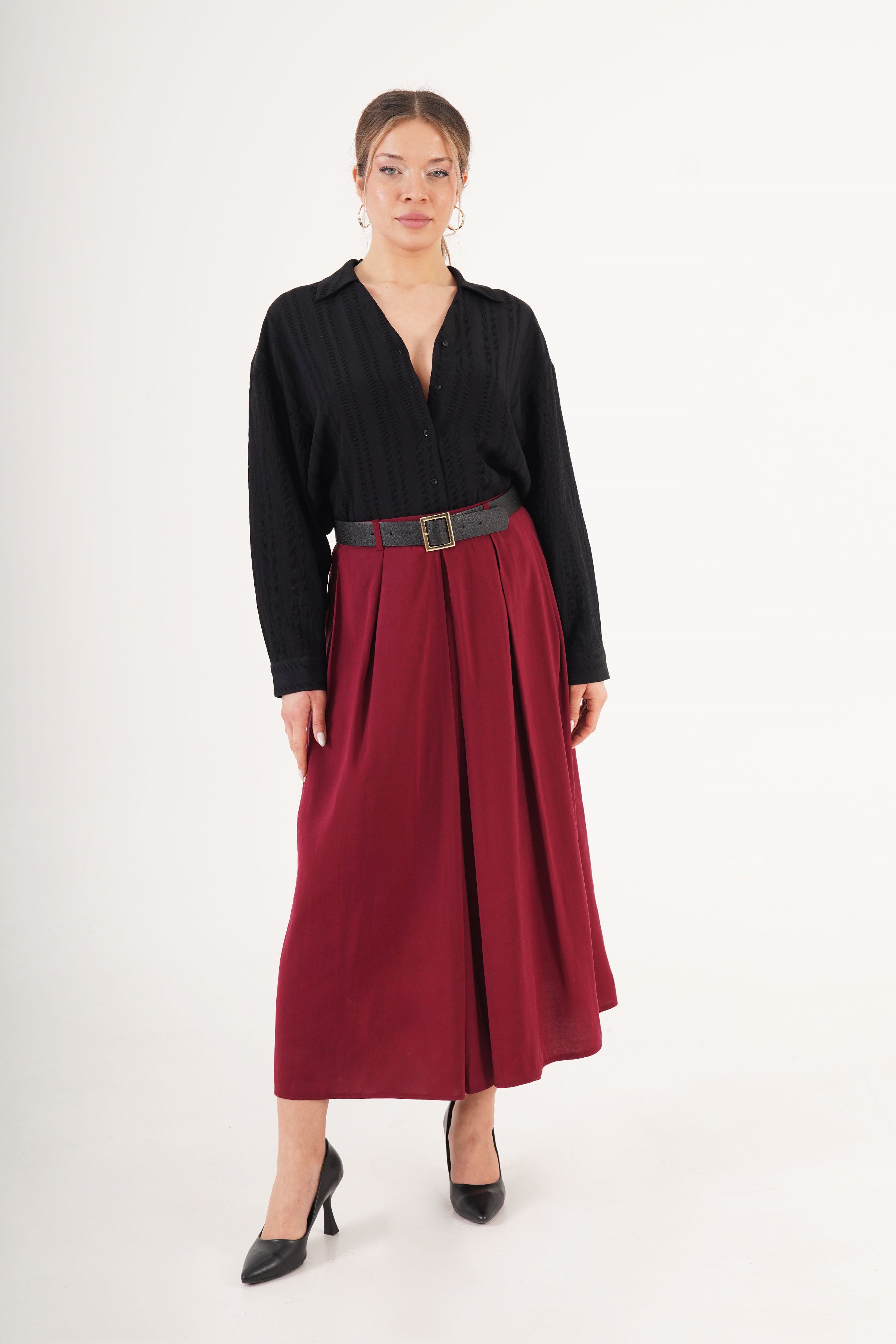 Kemerli Pilili Bordo Midi Toptan Etek - Bordo