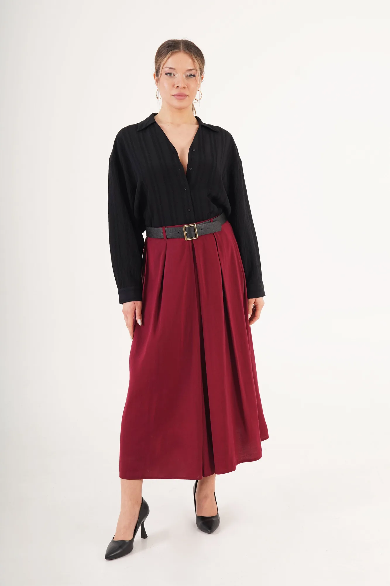 Kemerli Pilili Bordo Midi Toptan Etek - Bordo – Bordo, S