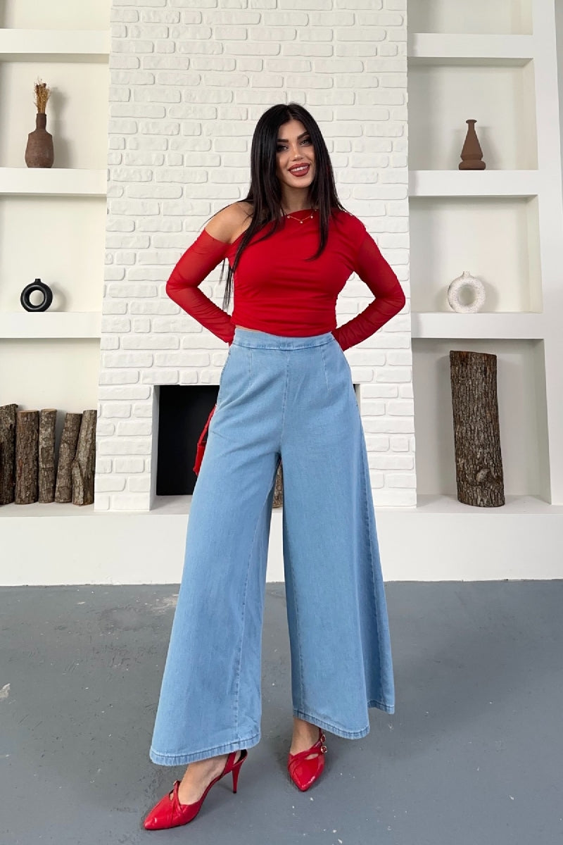 Arkası Lastikli Bol Paça Kot Pantolon 7120 - Açık Mavi Kot