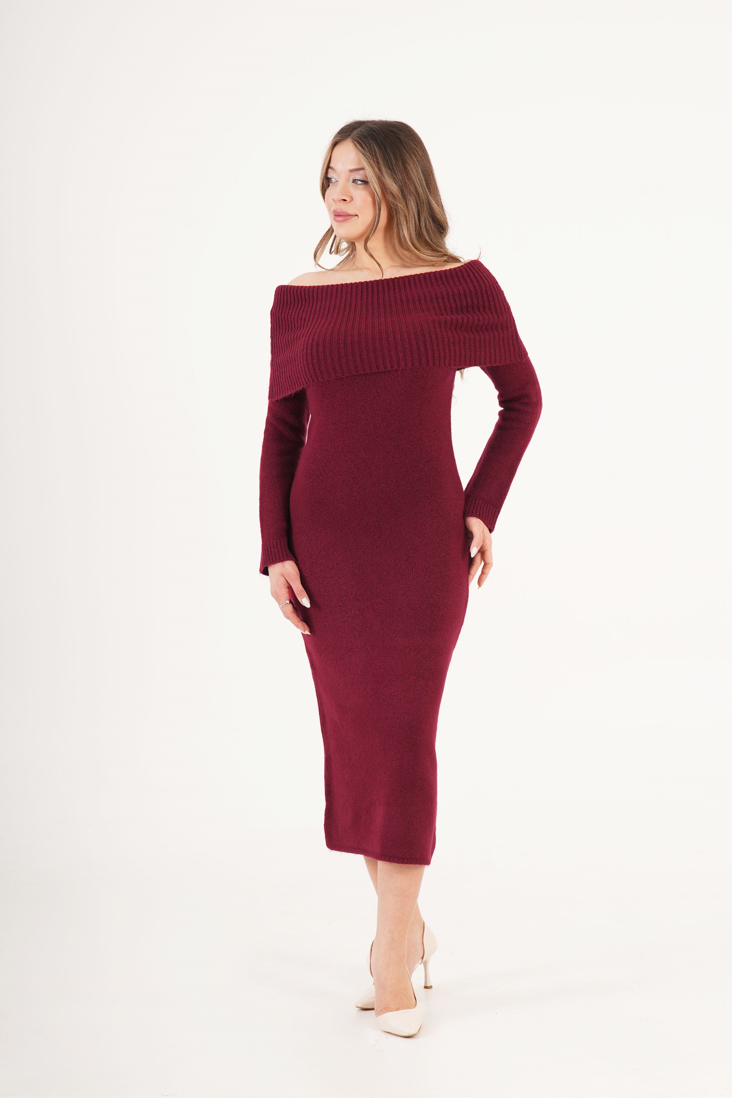 Madonna Yaka Toptan Bordo Triko Elbise - Bordo