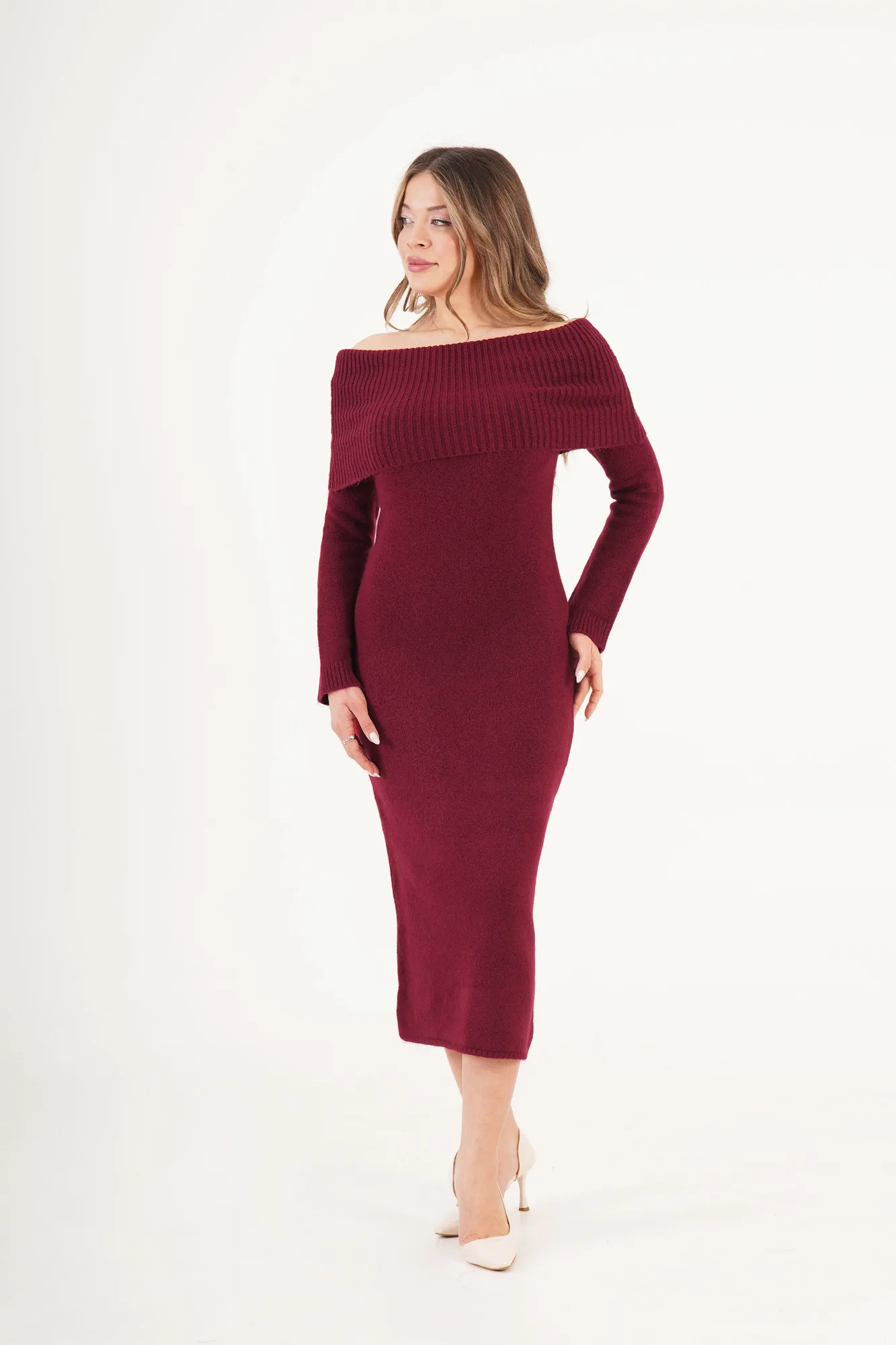Madonna Yaka Toptan Bordo Triko Elbise - Bordo