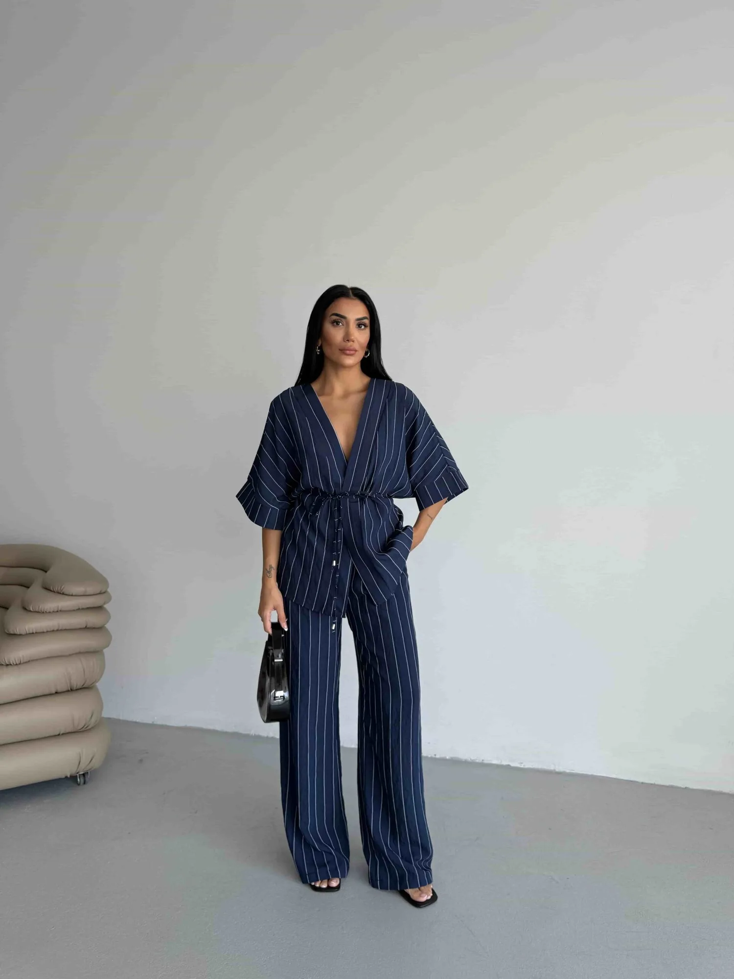 Çizgili Kimono Takım - Lacivert – Lacivert, S