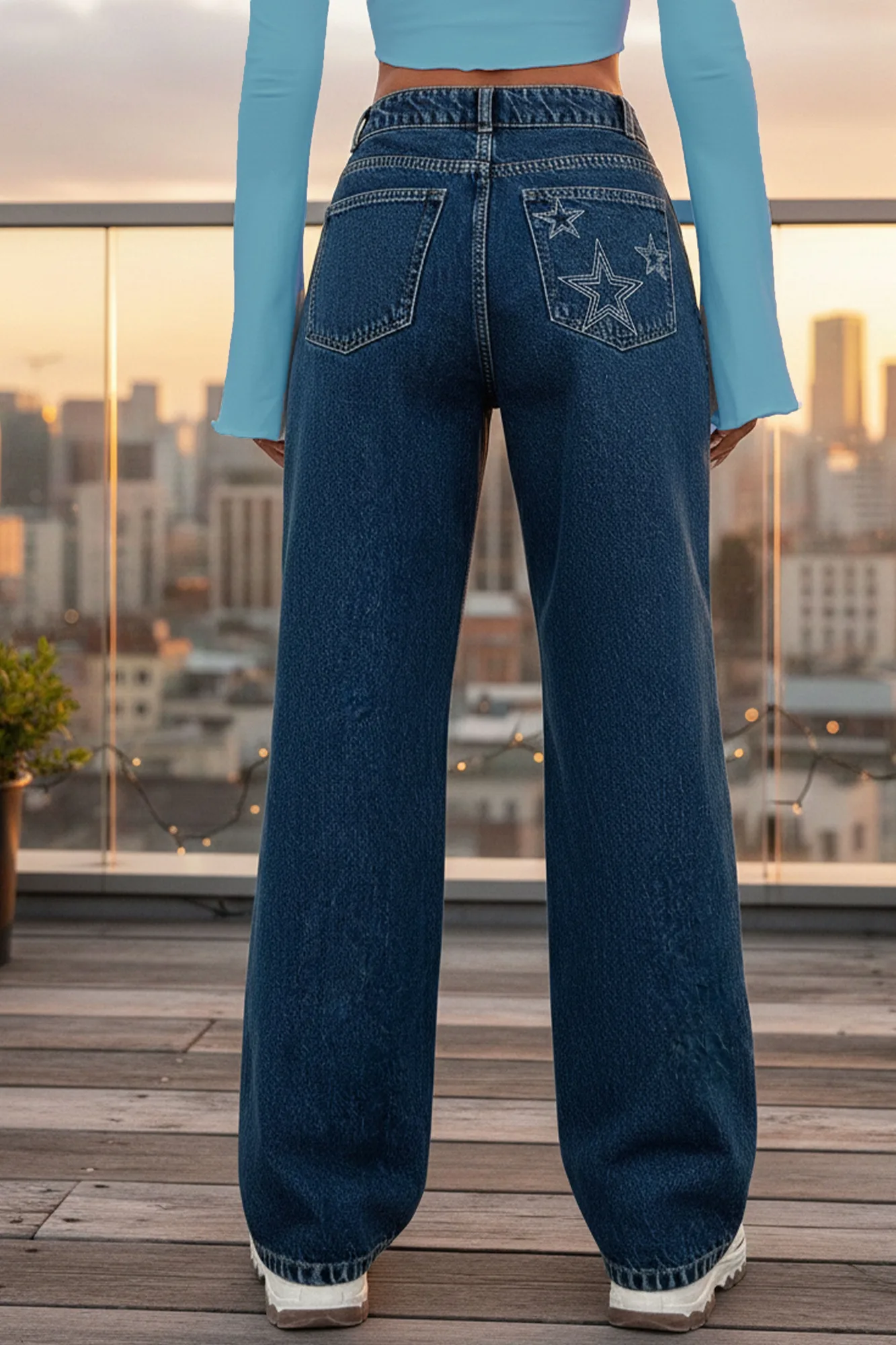 Yıldız Nakışlı Yüksek Bel Kadın Toptan Jean - Kahverengi – Kahve, S