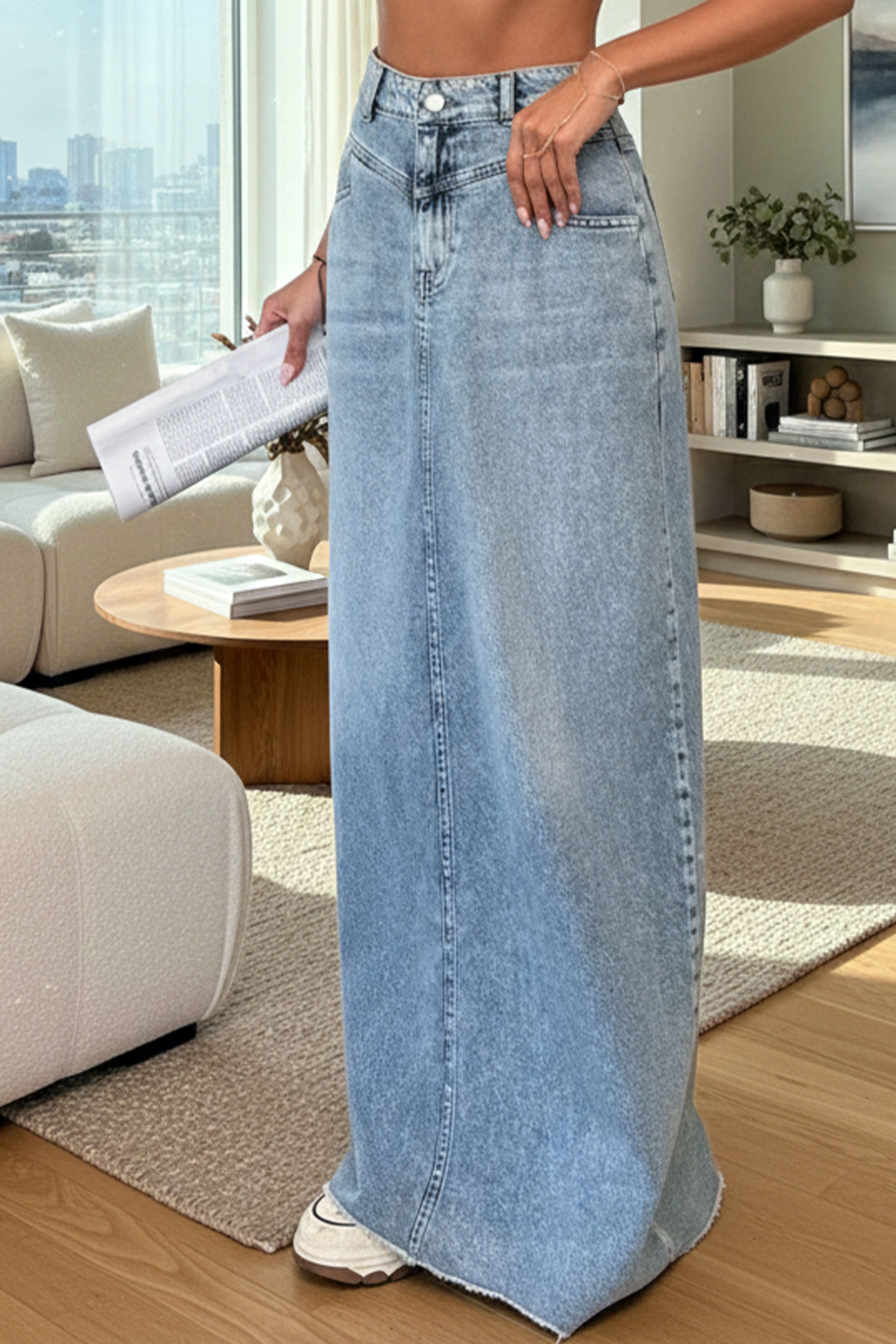 Yıkamalı Model Kadın Toptan Kot Uzun Etek - Kahverengi