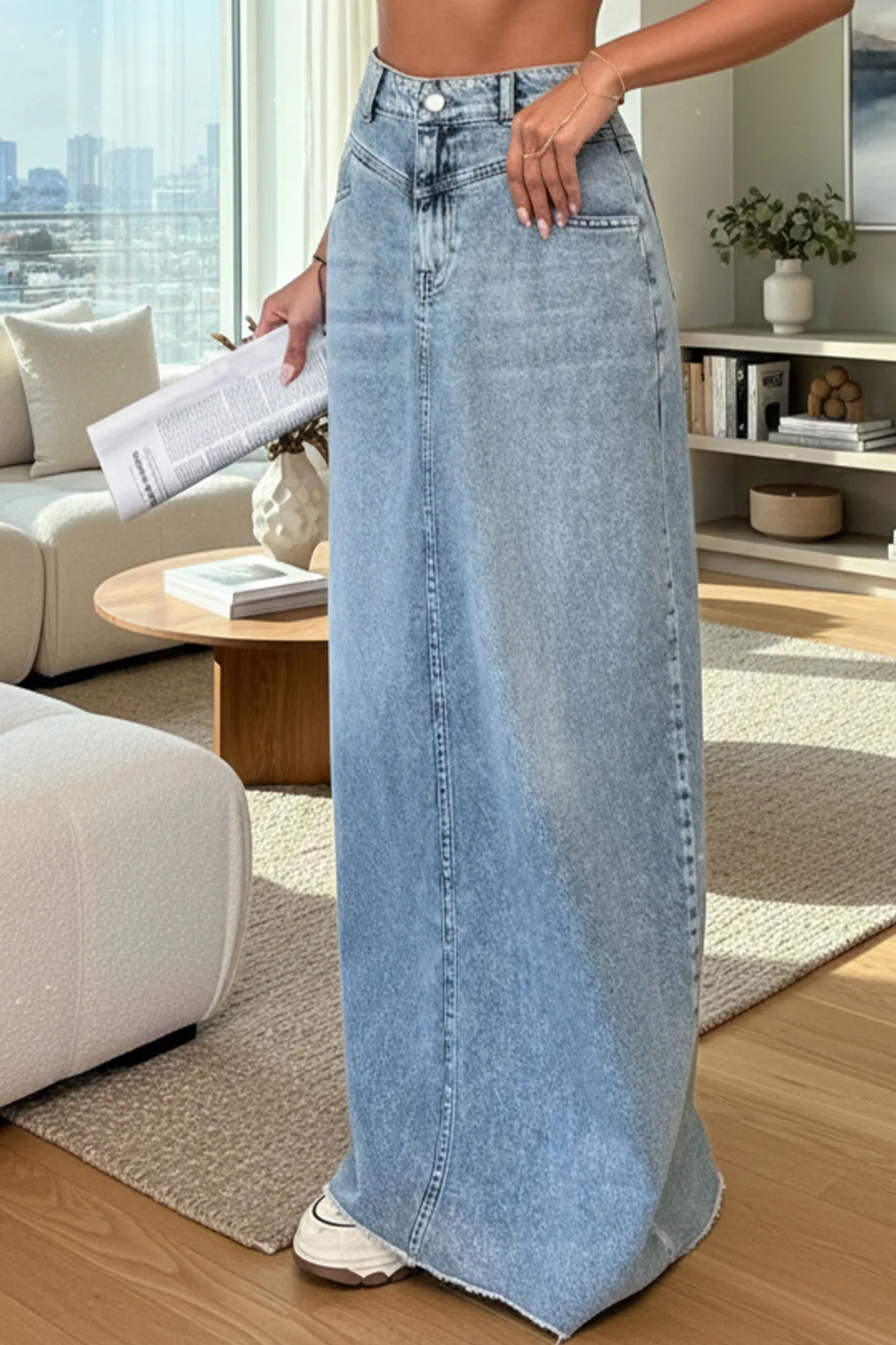 Yıkamalı Model Kadın Toptan Kot Uzun Etek - Kahverengi – Kahve, S