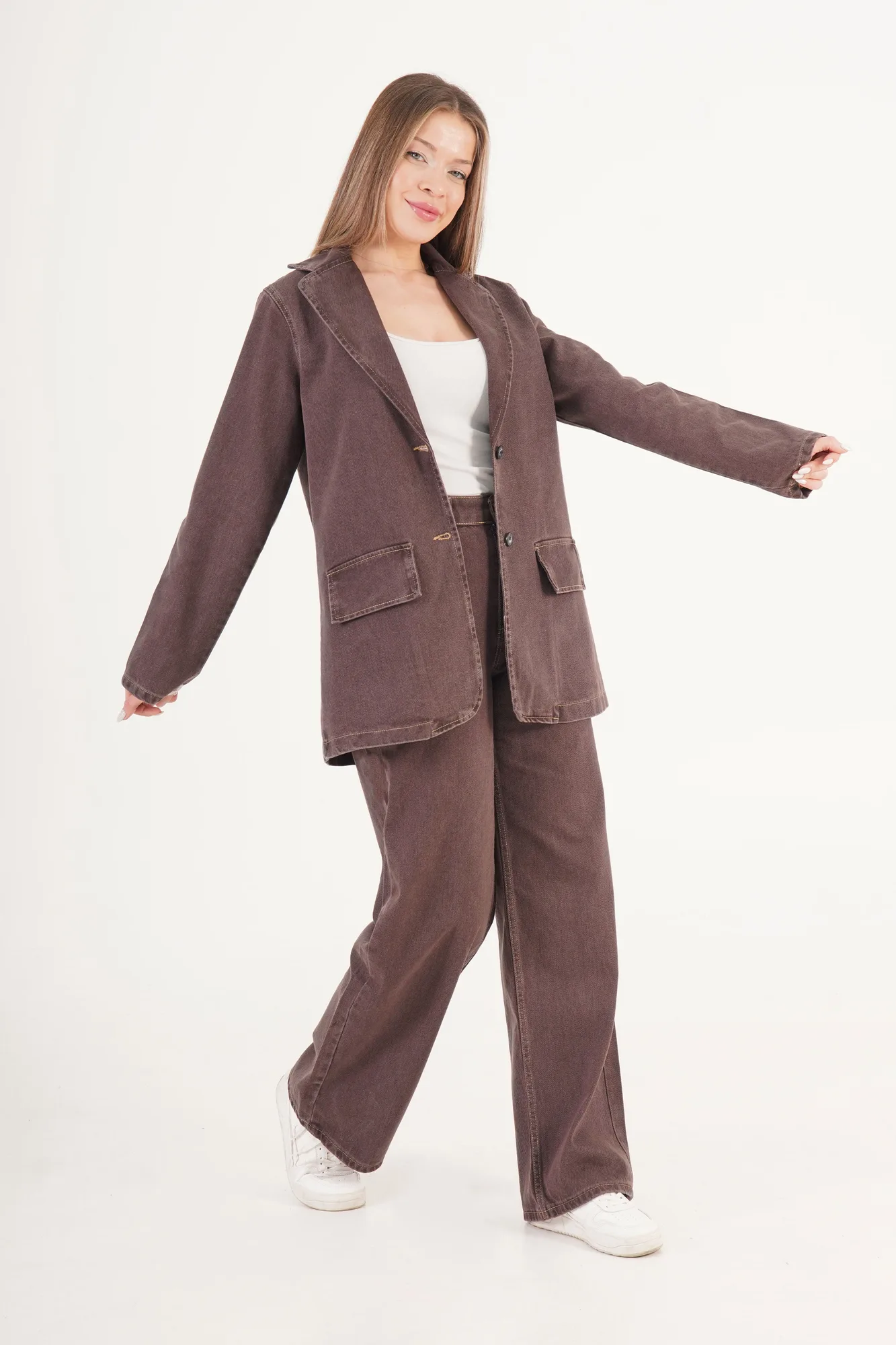 Yıkamalı Urban Kahve Ceket Pantolon Denim Toptan Takım - Kahverengi – Kahve, S