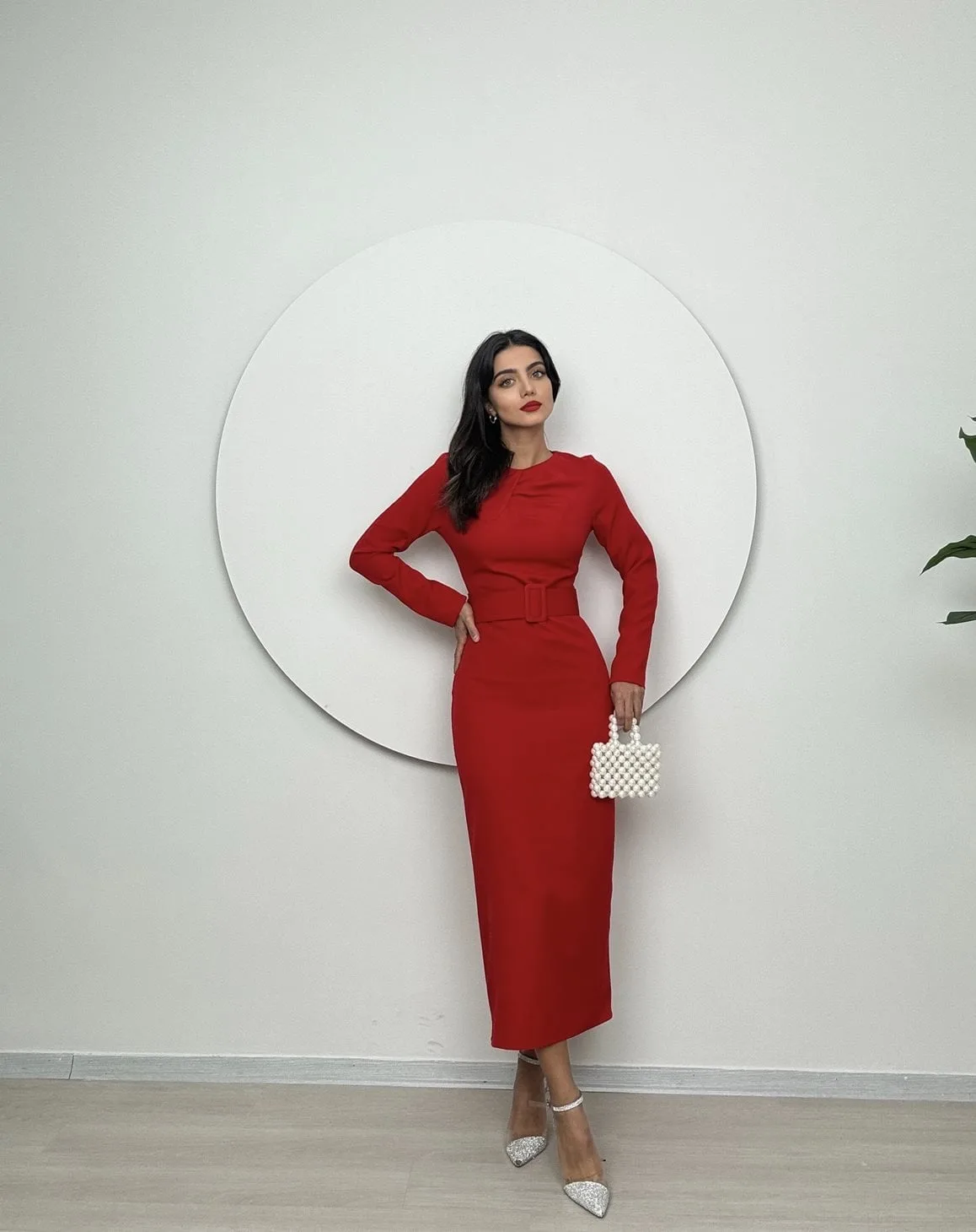 1009 YAKA DETAY ELBİSE - RED - KIRMIZI – Kırmızı, S