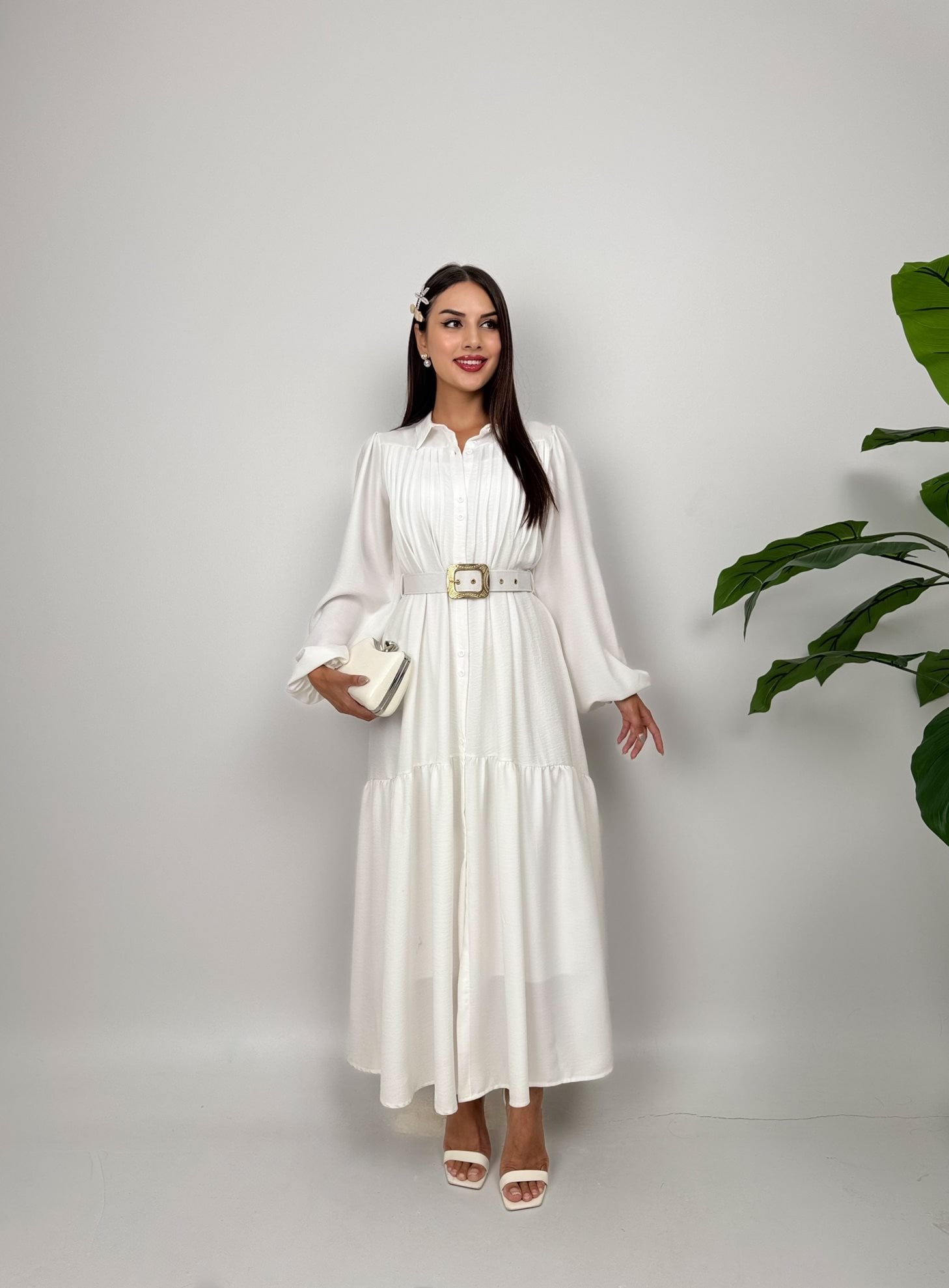1015 NERVURLU İKİLİ ELBİSE - WHİTE - BEYAZ