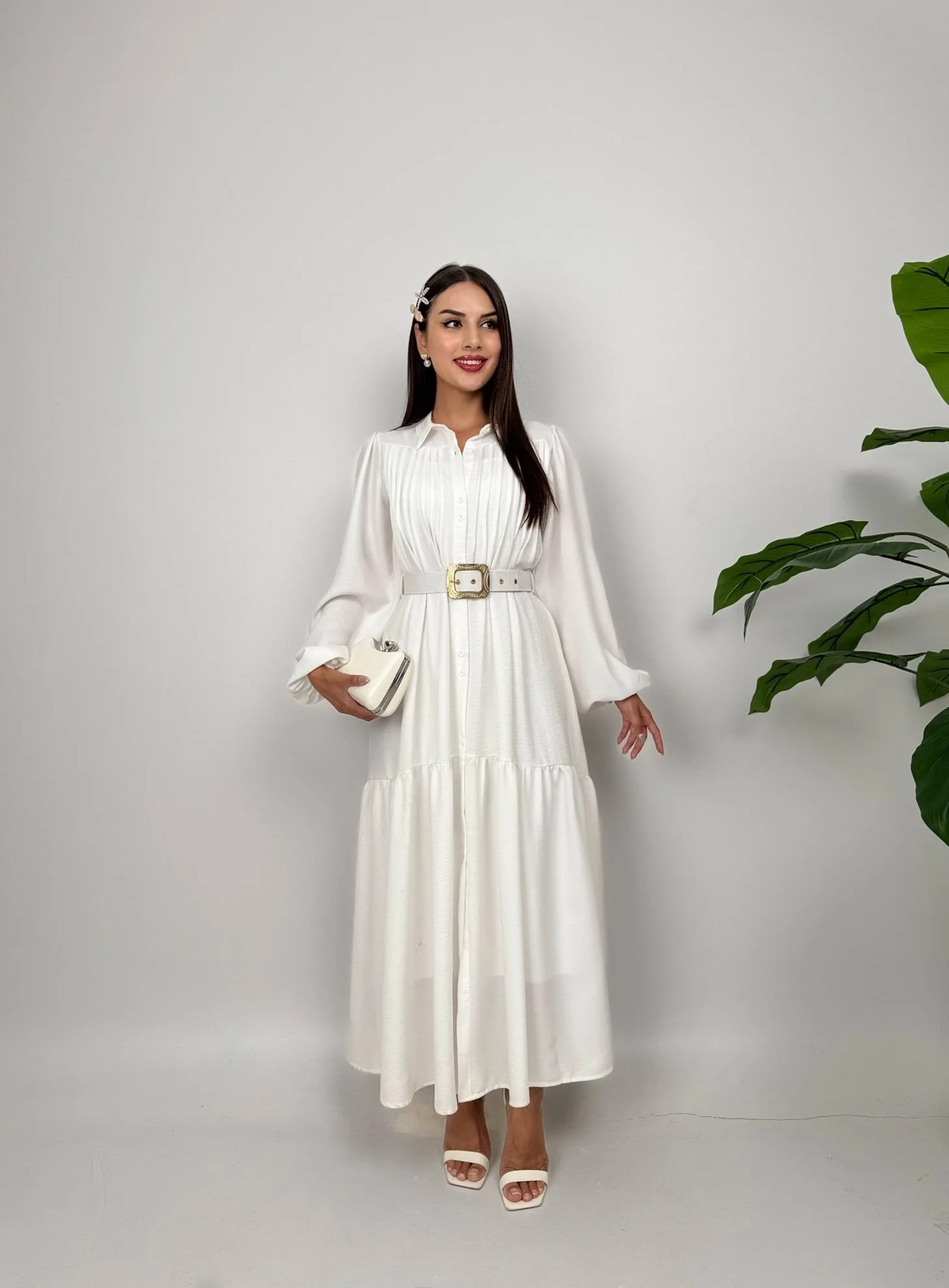1015 NERVURLU İKİLİ ELBİSE - WHİTE - BEYAZ – Beyaz, S