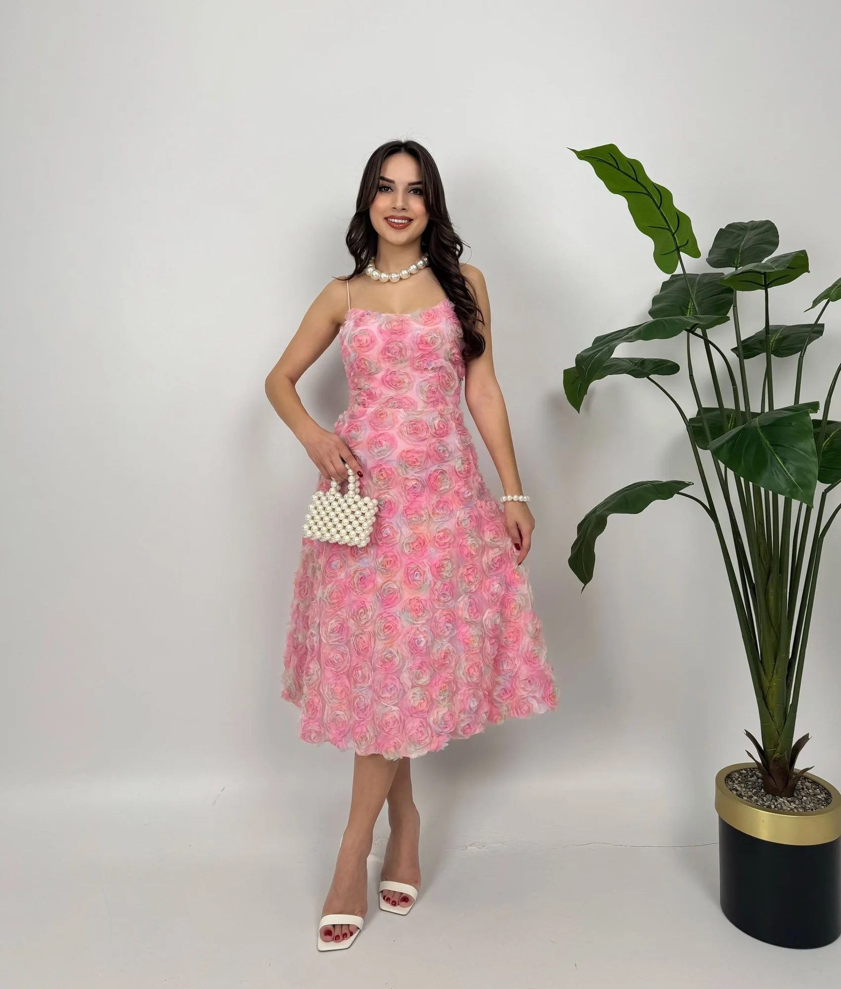 2081 İTHAL GÜL DESEN ELBİSE - PİNK - PEMBE – Pembe, S