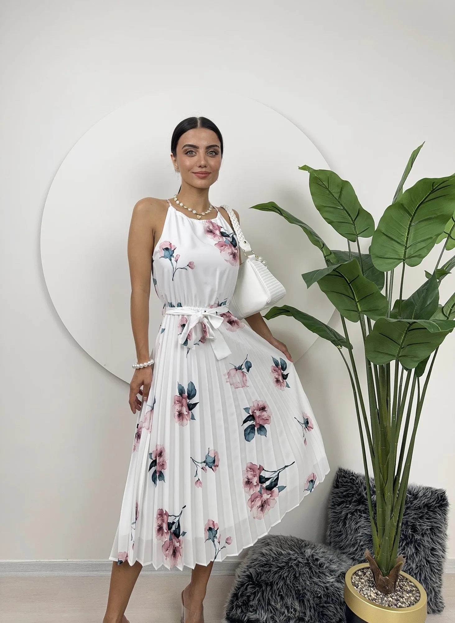 2158 GÜL DESENLİ BAĞCIKLI ELBİSE - DESENLİ – Desenli, S