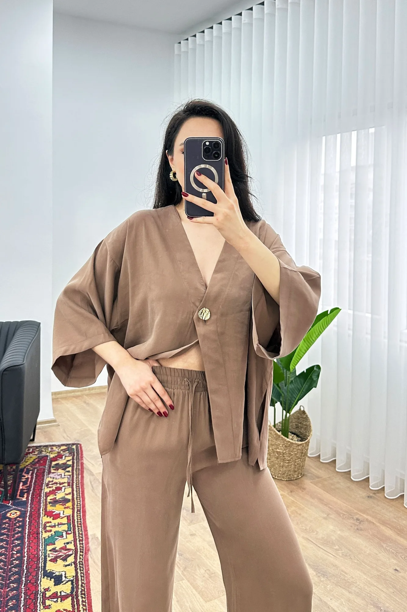 Modal Beli İp Bağlamalı Kruvaz Kahve Toptan Bluz Pantolon Takım - Kahverengi – Kahve, S