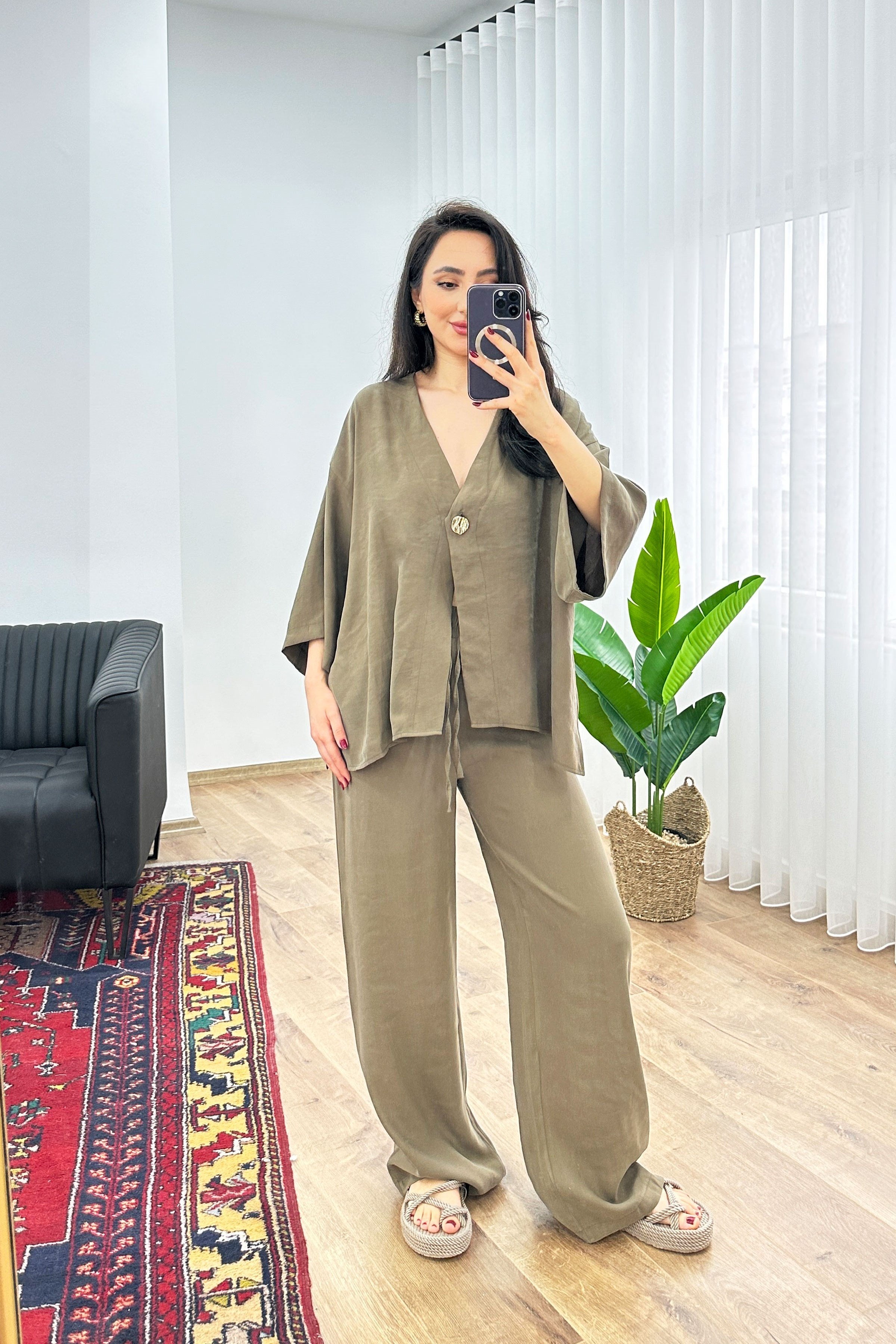 Modal Beli İp Bağlamalı Kruvaz Haki Toptan Bluz Pantolon Takım - Haki – Haki, S