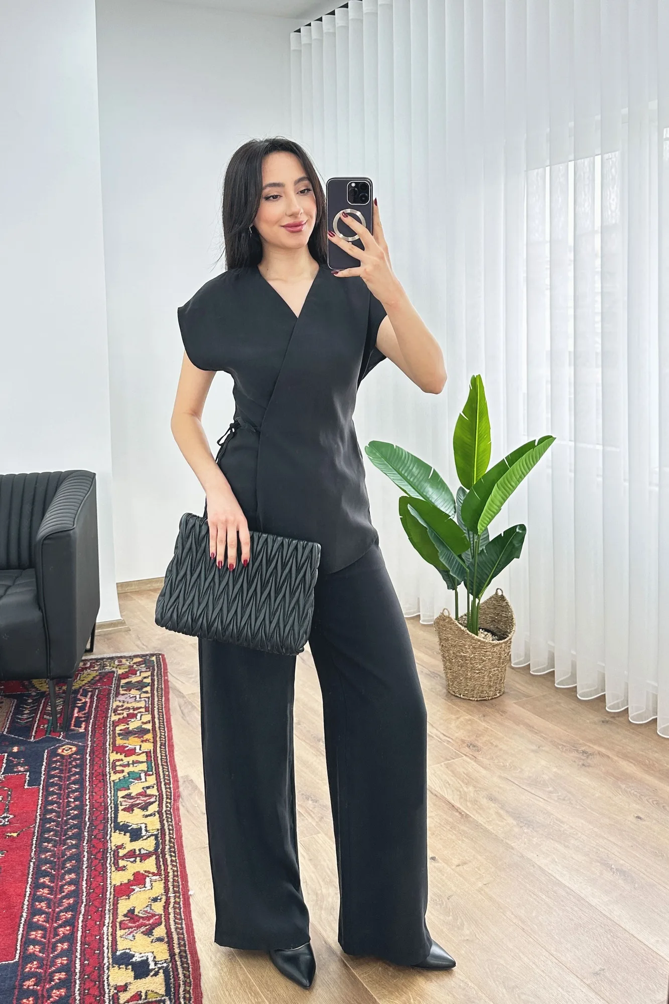 Modal Tek Düğme Kapamalı Oversize Siyah Toptan Takım - Siyah – Siyah, S