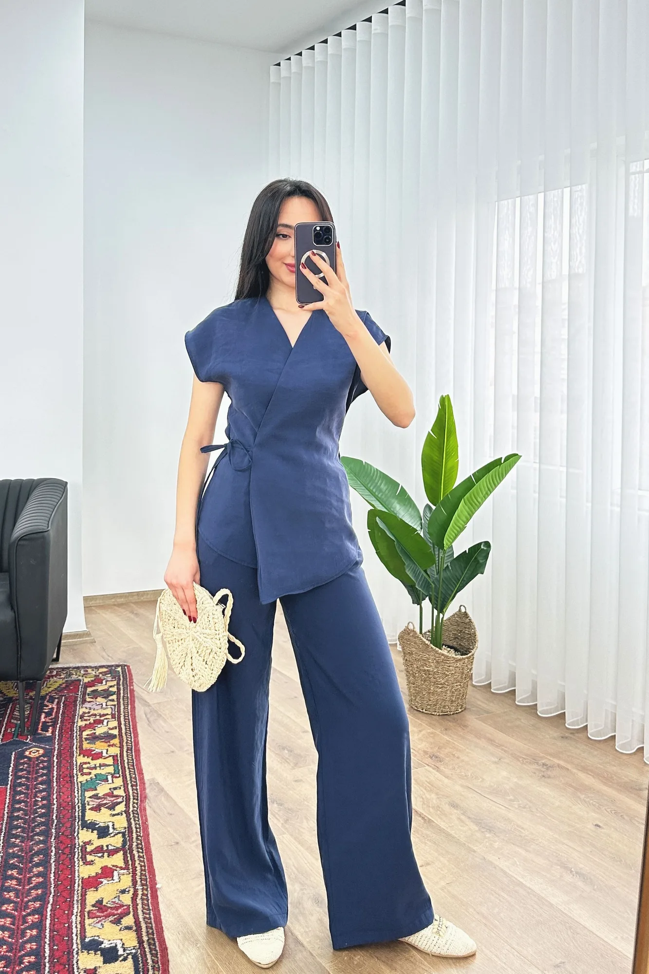 Modal Tek Düğme Kapamalı Oversize Lacivert Toptan Takım - Lacivert – Lacivert, S
