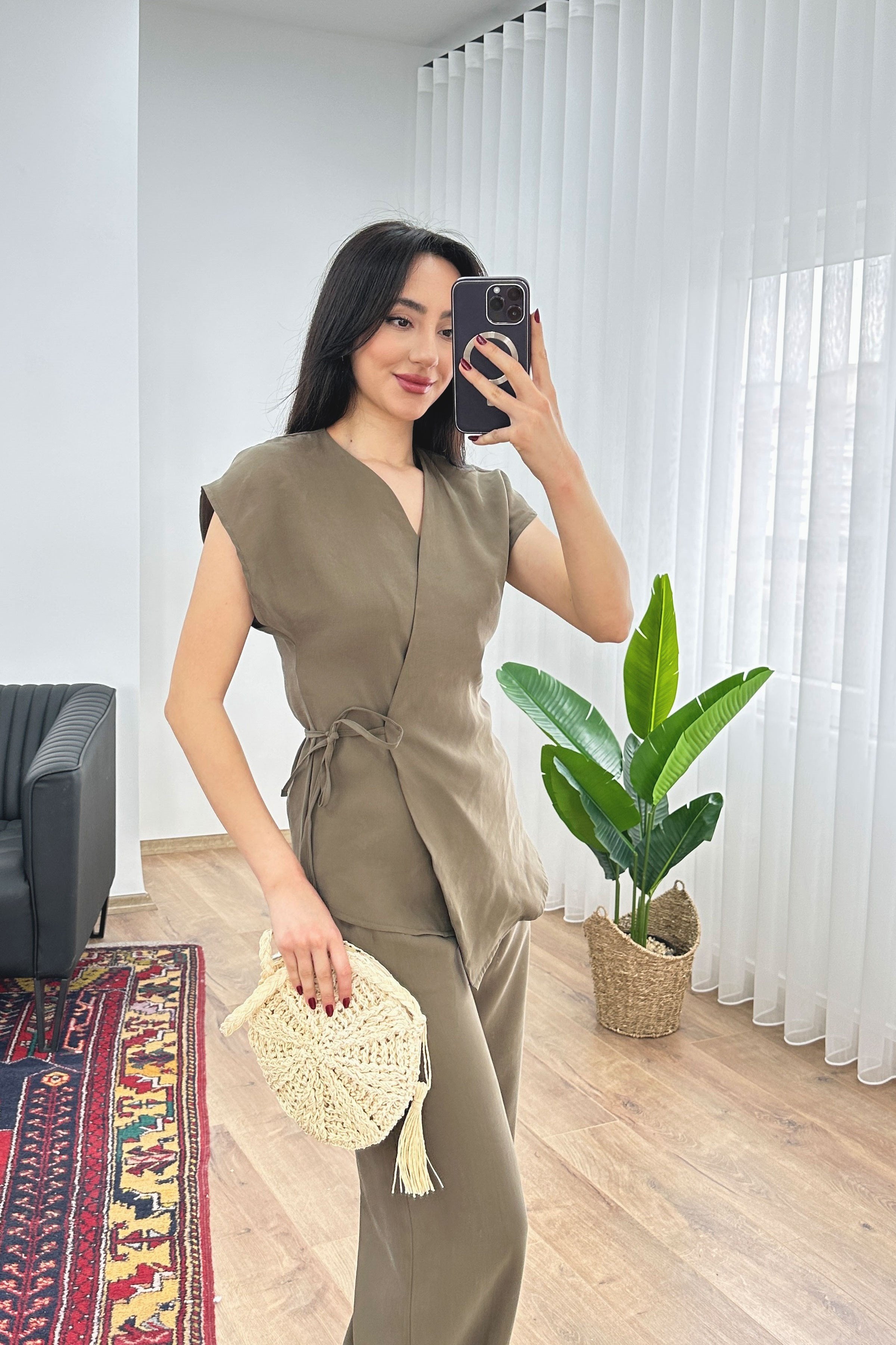Modal Tek Düğme Kapamalı Oversize Haki Toptan Takım - Haki