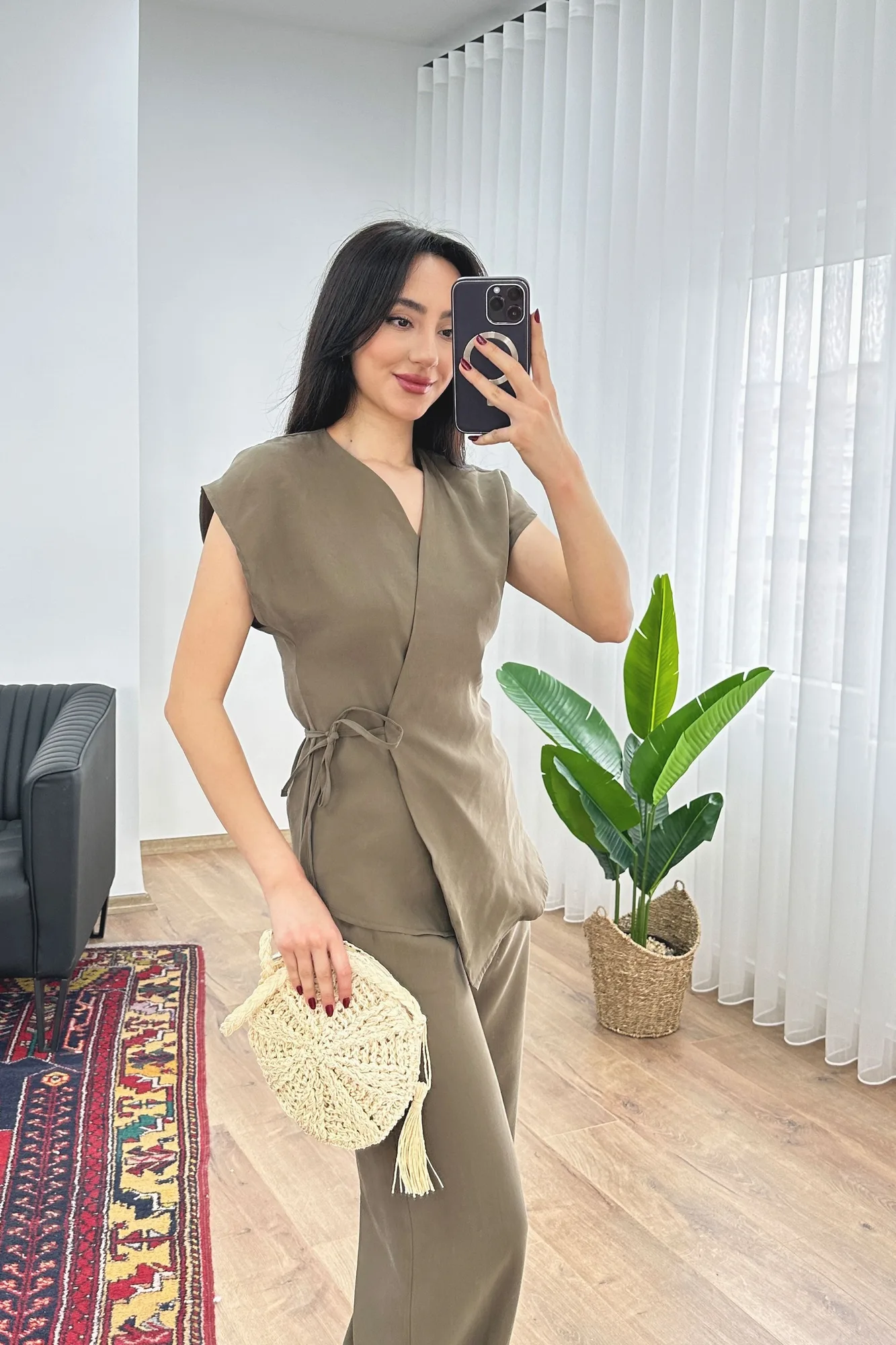 Modal Tek Düğme Kapamalı Oversize Haki Toptan Takım - Haki – Haki, S
