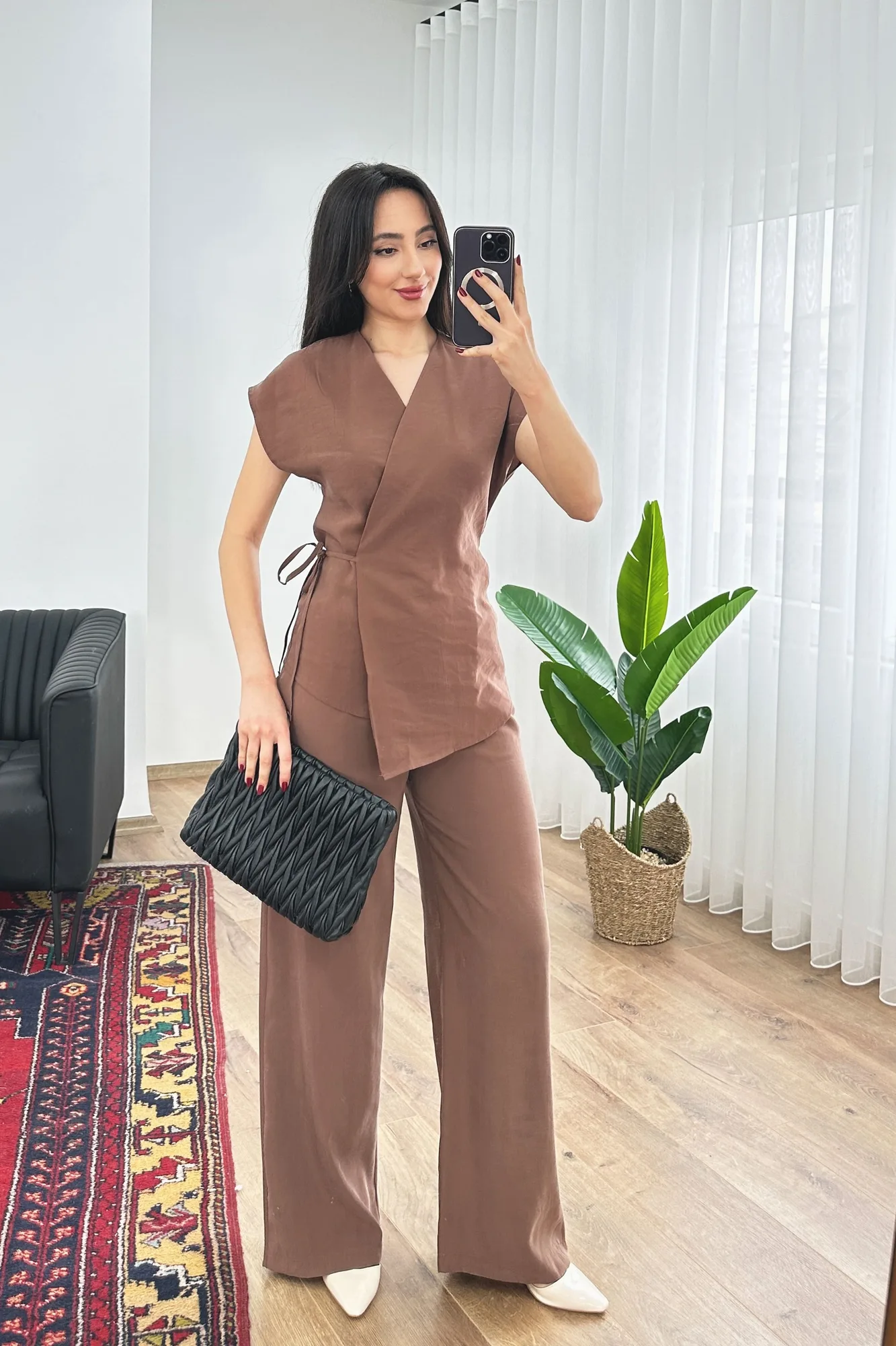 Modal Tek Düğme Kapamalı Oversize Camel Toptan Takım - Camel – Camel, S