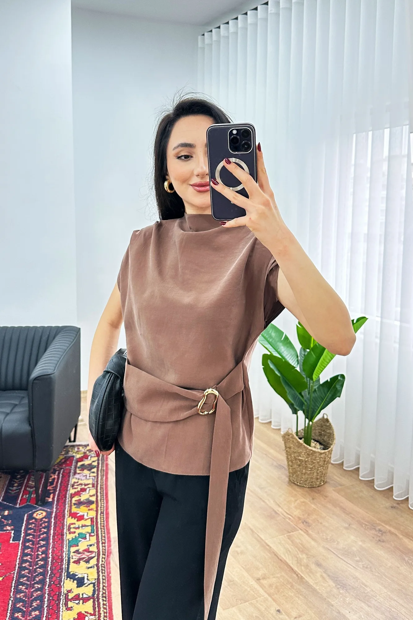 Gold Toka Detay Dökümlü Şık Camel Toptan Bluz - Camel – Camel, S