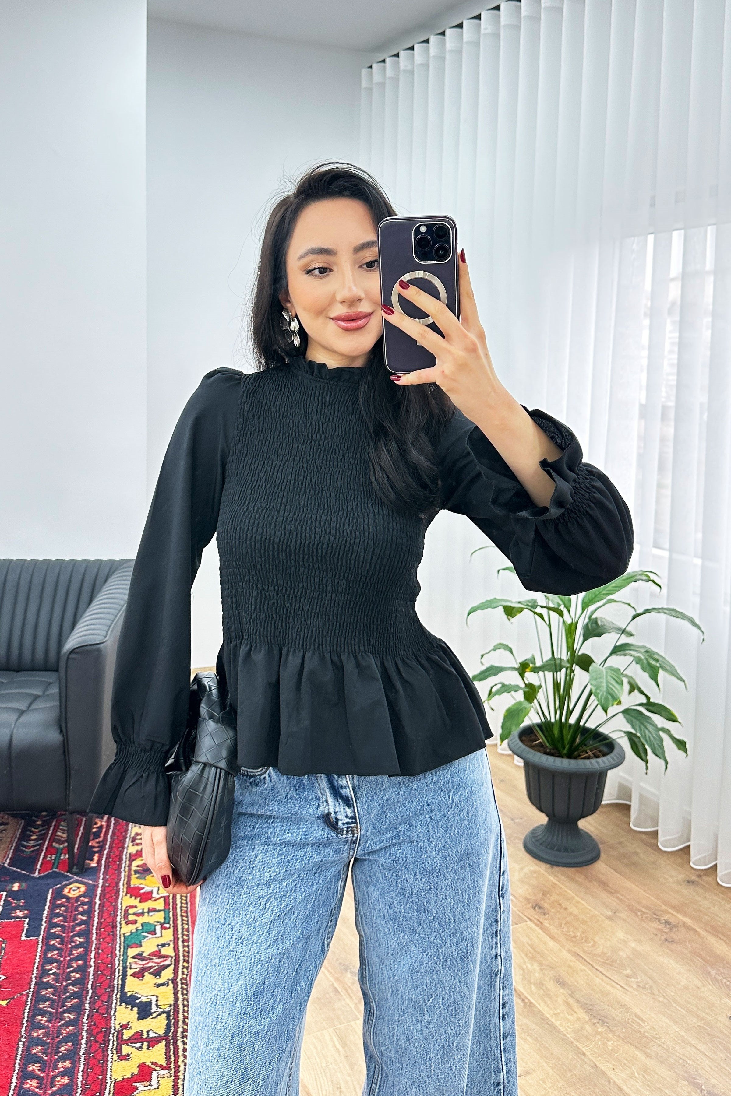 Komple Gipeli Dik Yaka Siyah Toptan Bluz - Siyah – Siyah, S