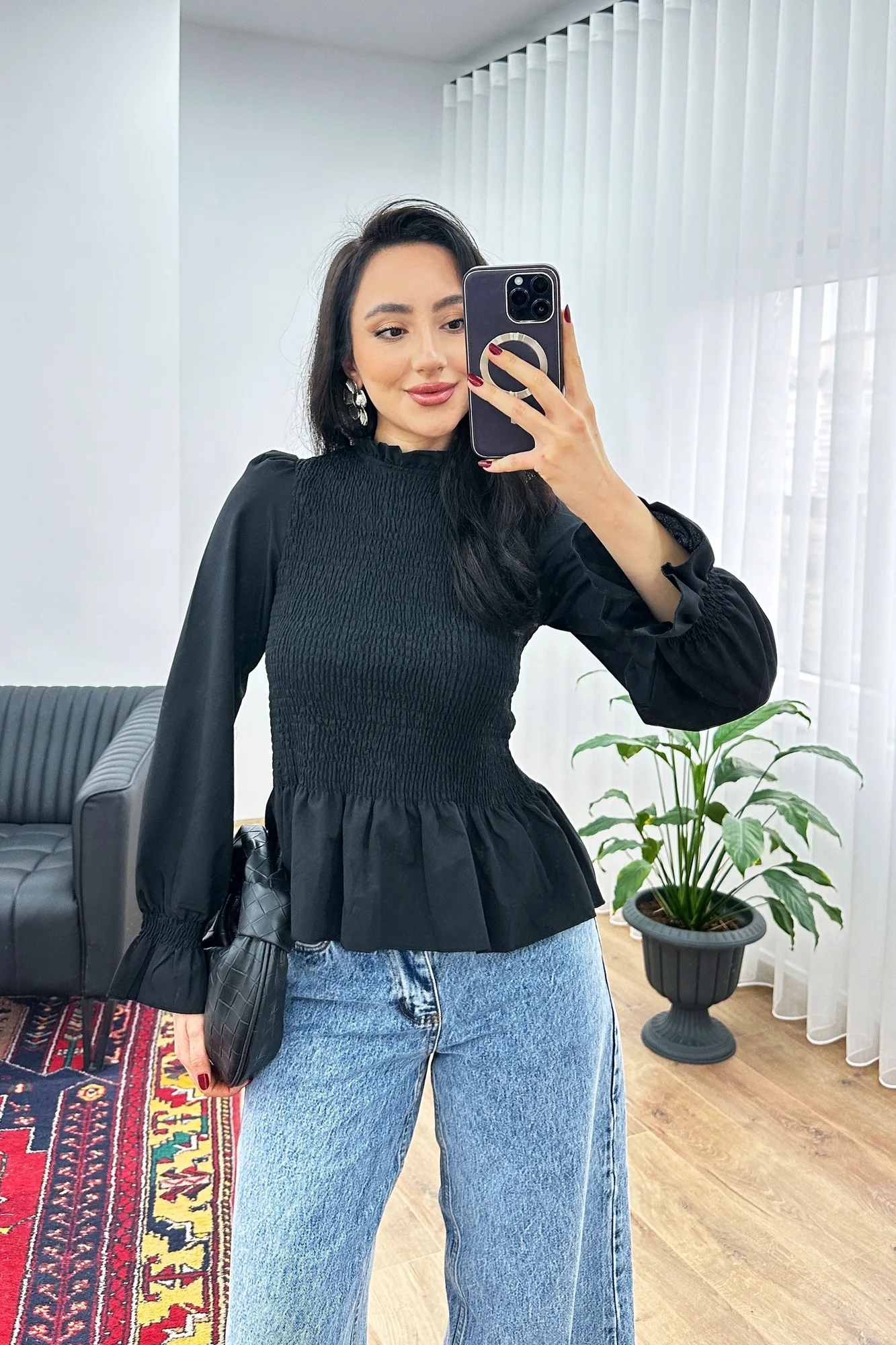 Komple Gipeli Dik Yaka Siyah Toptan Bluz - Siyah – Siyah, S