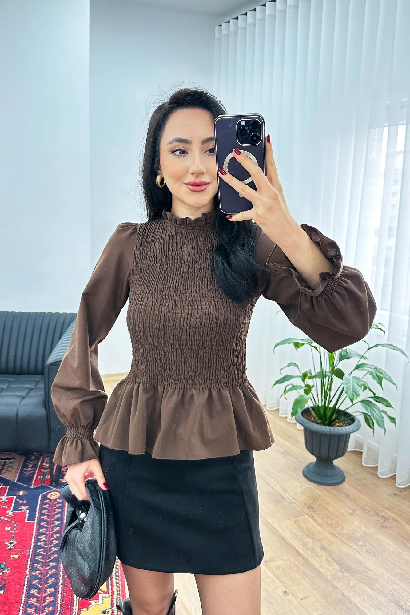 Komple Gipeli Dik Yaka Kahve Toptan Bluz - Kahverengi – Kahve, S