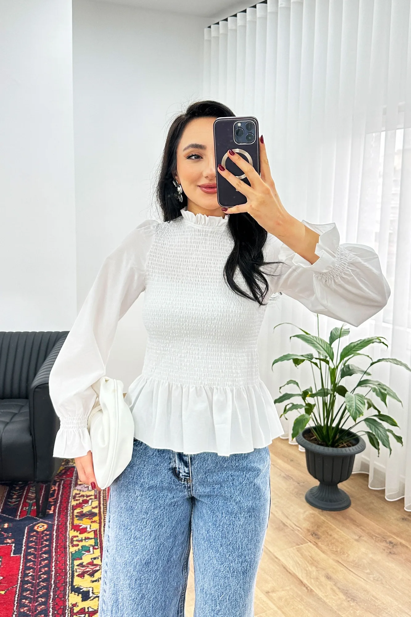 Komple Gipeli Dik Yaka Beyaz Toptan Bluz - Kahverengi – Kahve, S