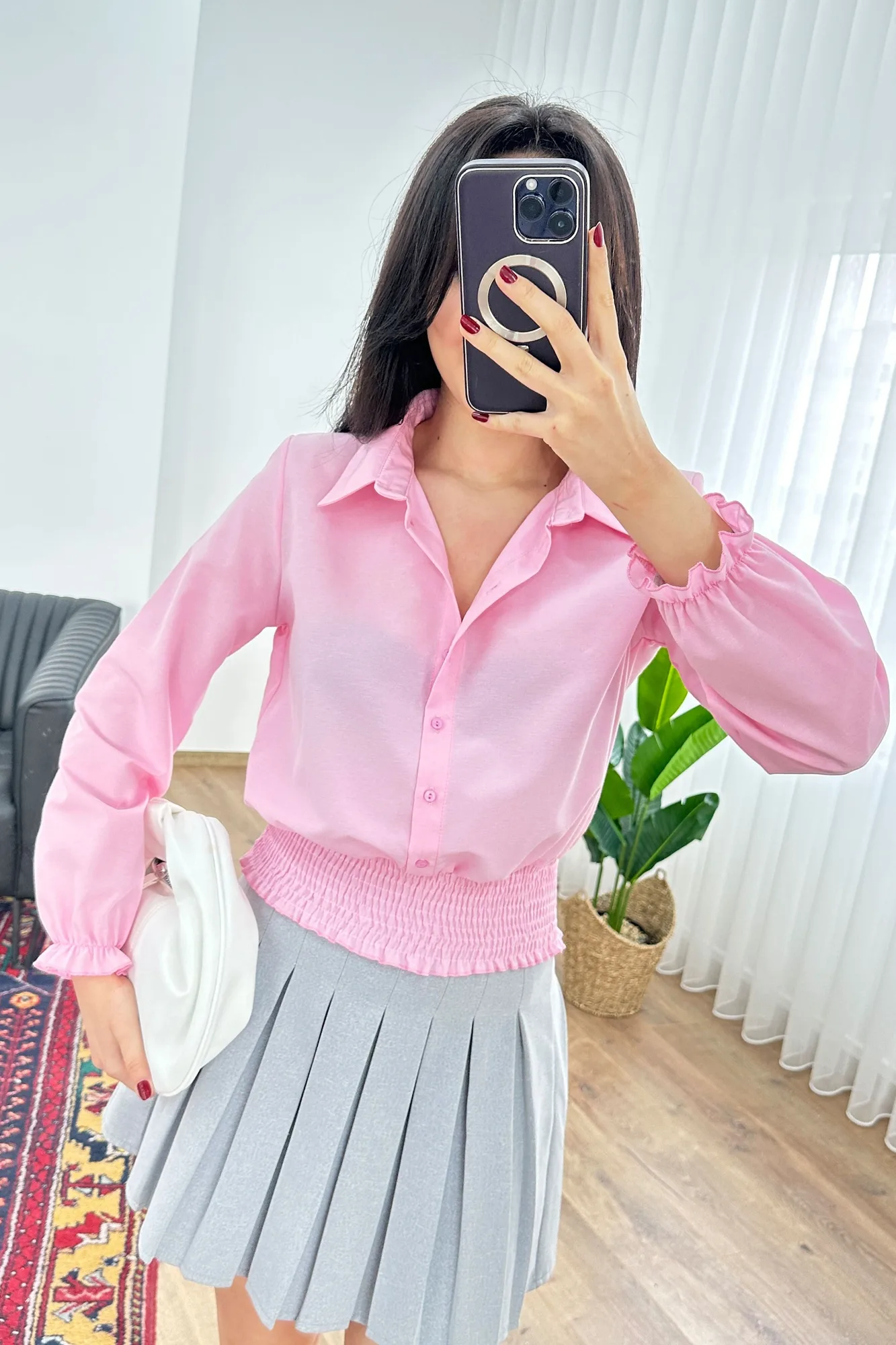Eteği Gipeli Düğmeli Pembe Toptan Gömlek - Pembe – Pembe, S