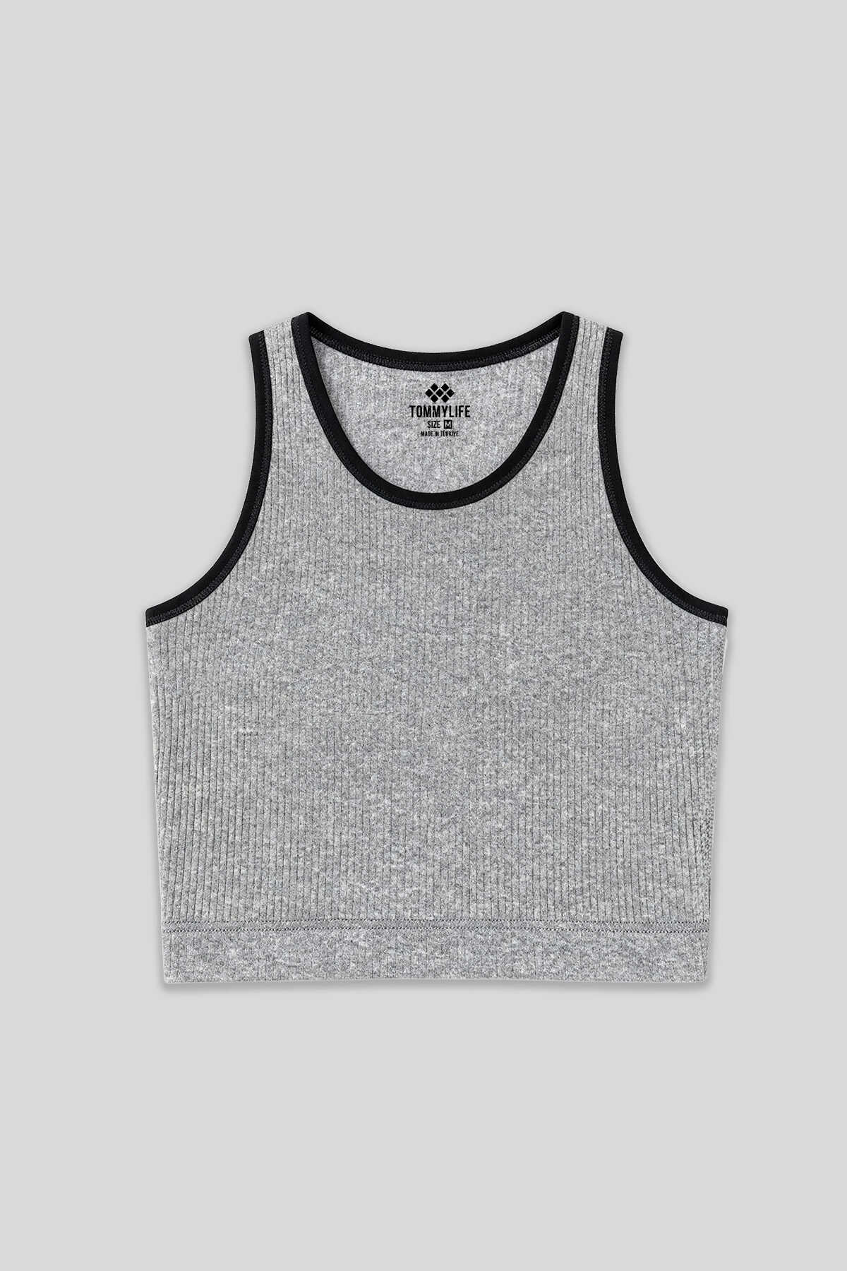 Tommylife Toptan Gri Melanj Basic Sıfır Kol Dar Kalıp U Yaka Kadın Crop Top - 97160 - GRİ MELANJ