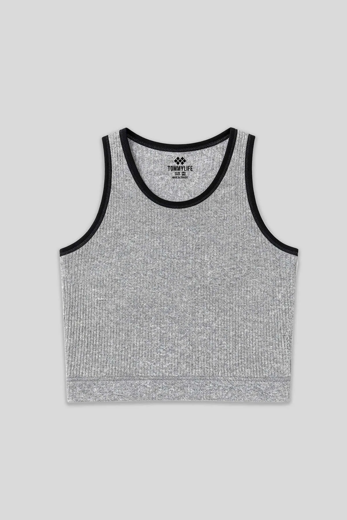 Tommylife Toptan Gri Melanj Basic Sıfır Kol Dar Kalıp U Yaka Kadın Crop Top - 97160 - GRİ MELANJ – Gri Melanj, XS