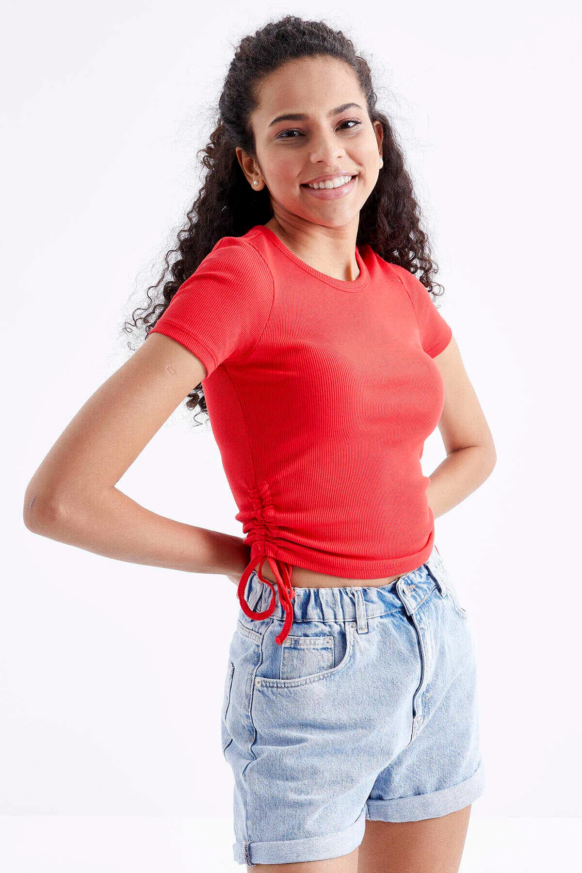 Tommylife Toptan Kavuniçi Basic Yanı Büzgülü O Yaka Kadın Crop Top T-Shirt - 97203 - KAVUNİÇİ – Kavuniçi, S