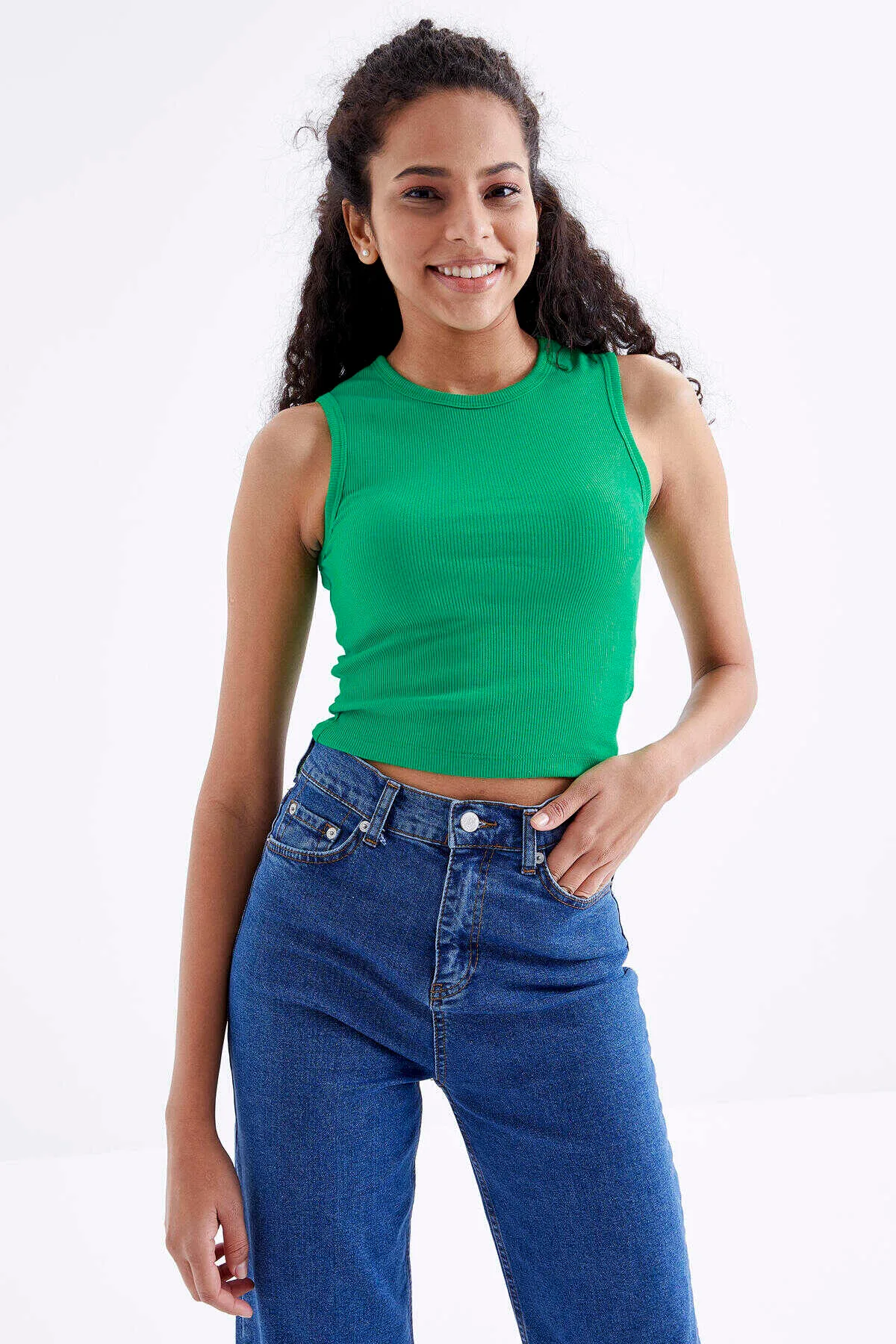 Tommylife Toptan Yeşil Basic Kolsuz O Yaka Kadın Crop Top Atlet - 97204 - YEŞİL – Yeşil, M