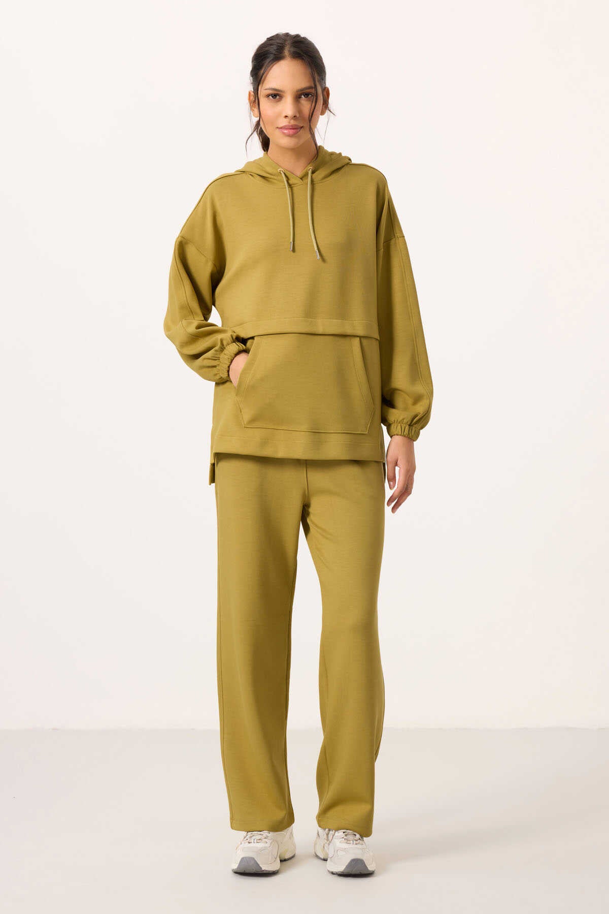 Tommylife Toptan Yumuşak Dokulu Kapüşonlu Oversize Kadın Eşofman Tunik Takım - 95348 Koyu Hardal - Koyu Hardal