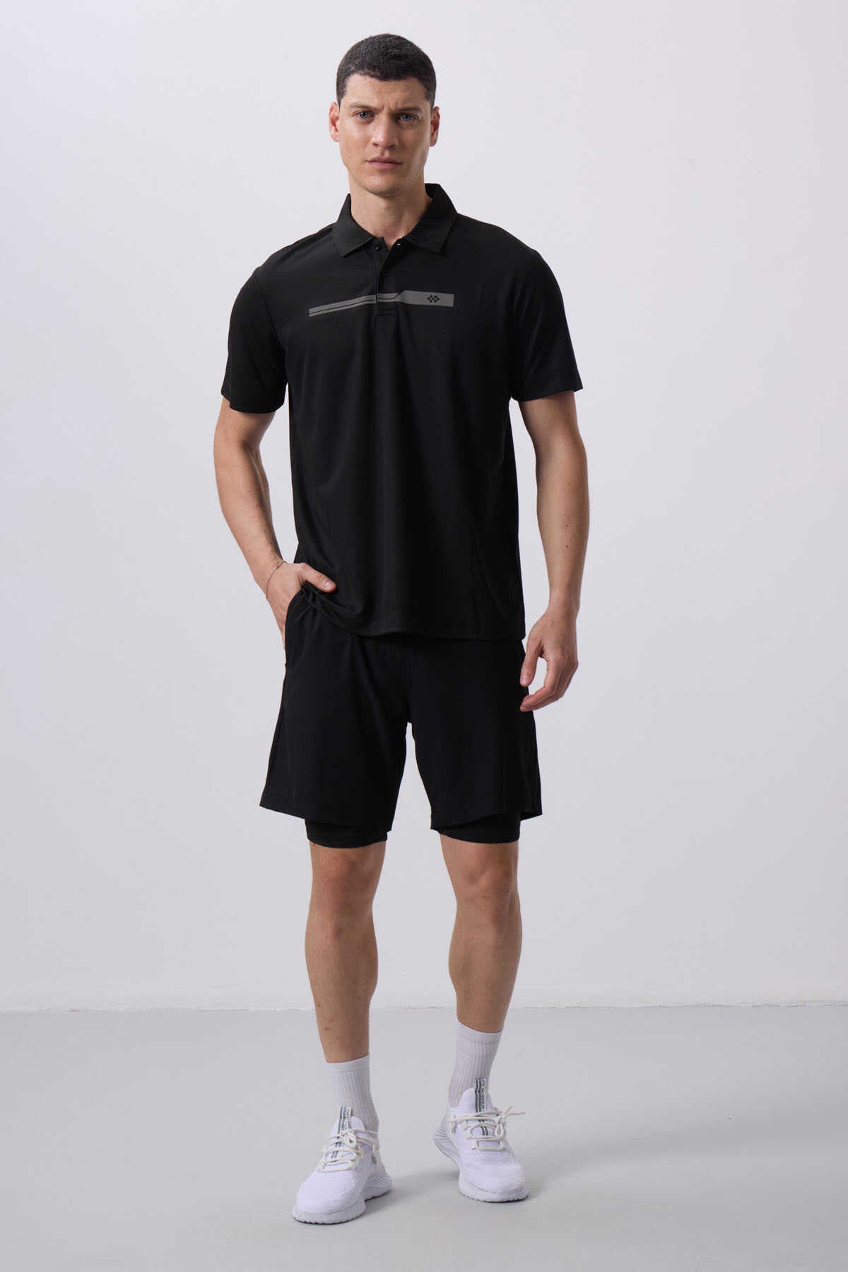 Tommylife Toptan Polyester Standart Kalıp Erkek Taytlı Şort 81287 Siyah - Siyah