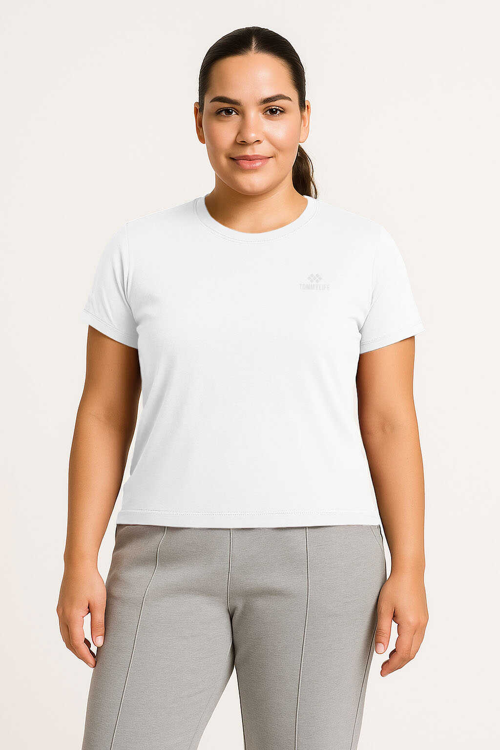 Tommylife Toptan Beyaz O Yaka Basic Battal Büyük Beden Kadın T-Shirt - 97308 - Beyaz