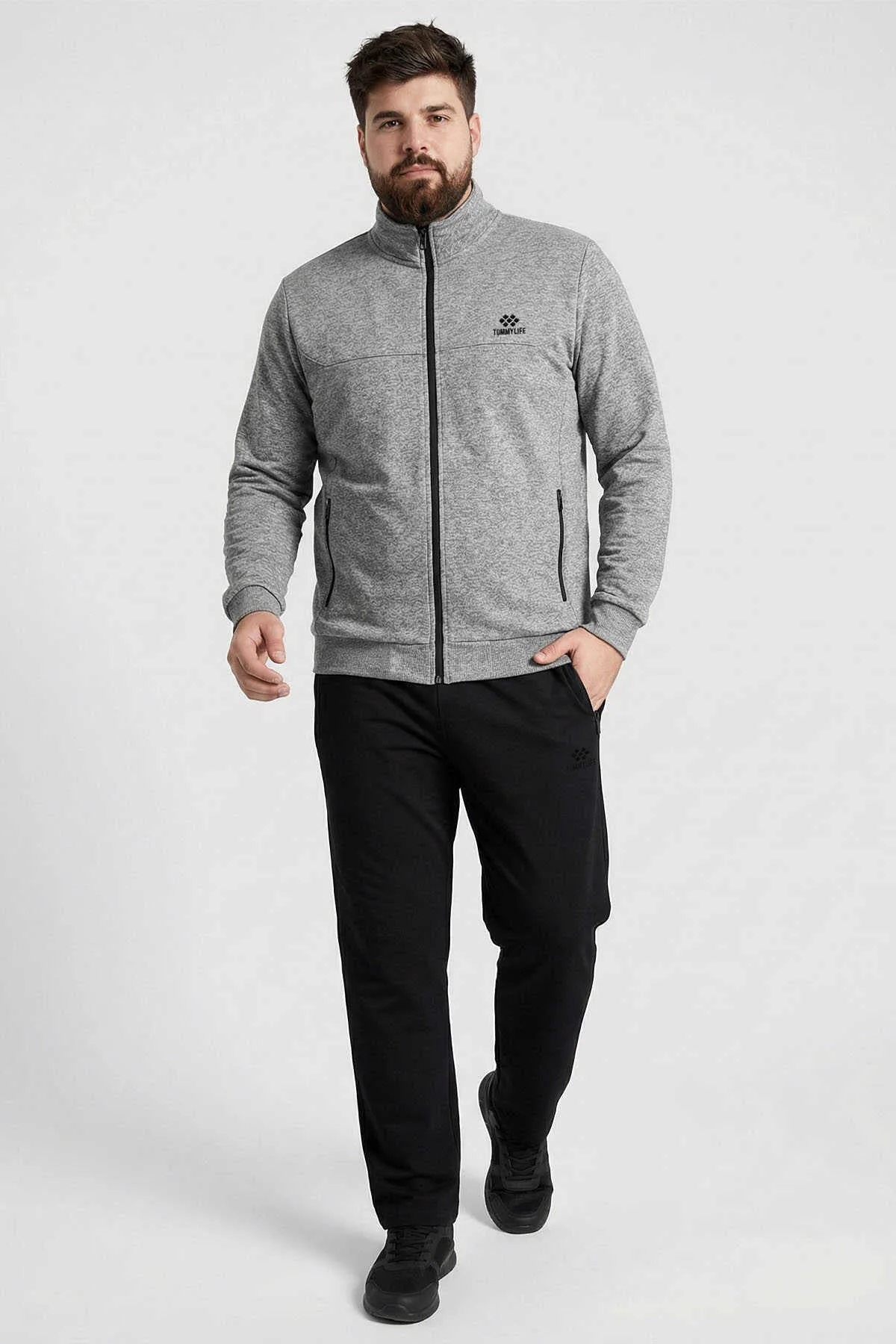 Tommylife Toptan Gri Melanj - Siyah Dik Yaka Klasik Paça Büyük Beden Erkek Eşofman Takım - 85176 - GRİ MELANJ/SİYAH – Gri Melanj, 2XL