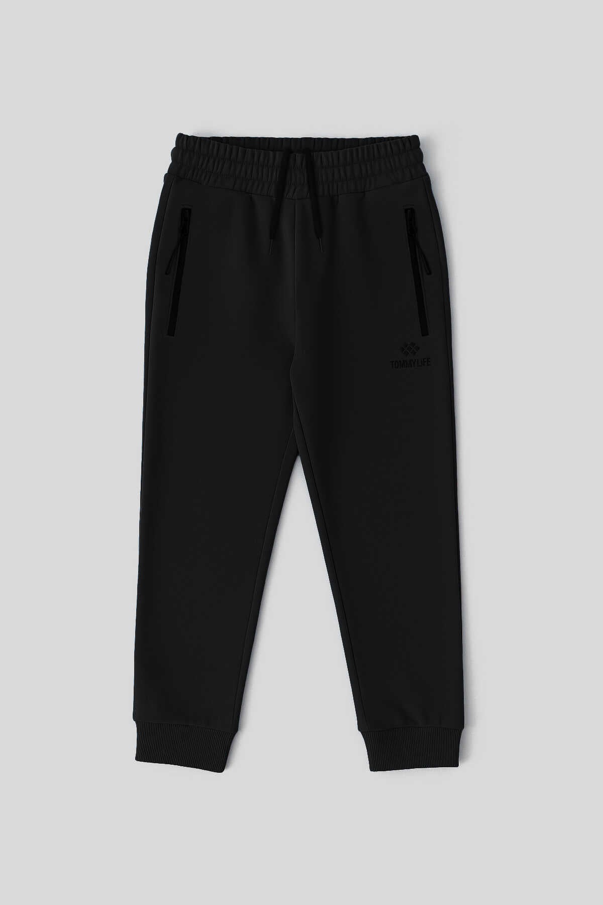Tommylife Toptan Siyah Basic Fermuar Cepli Belden Bağcıklı Jogger Erkek Çocuk Eşofman Alt - 10798 - SİYAH