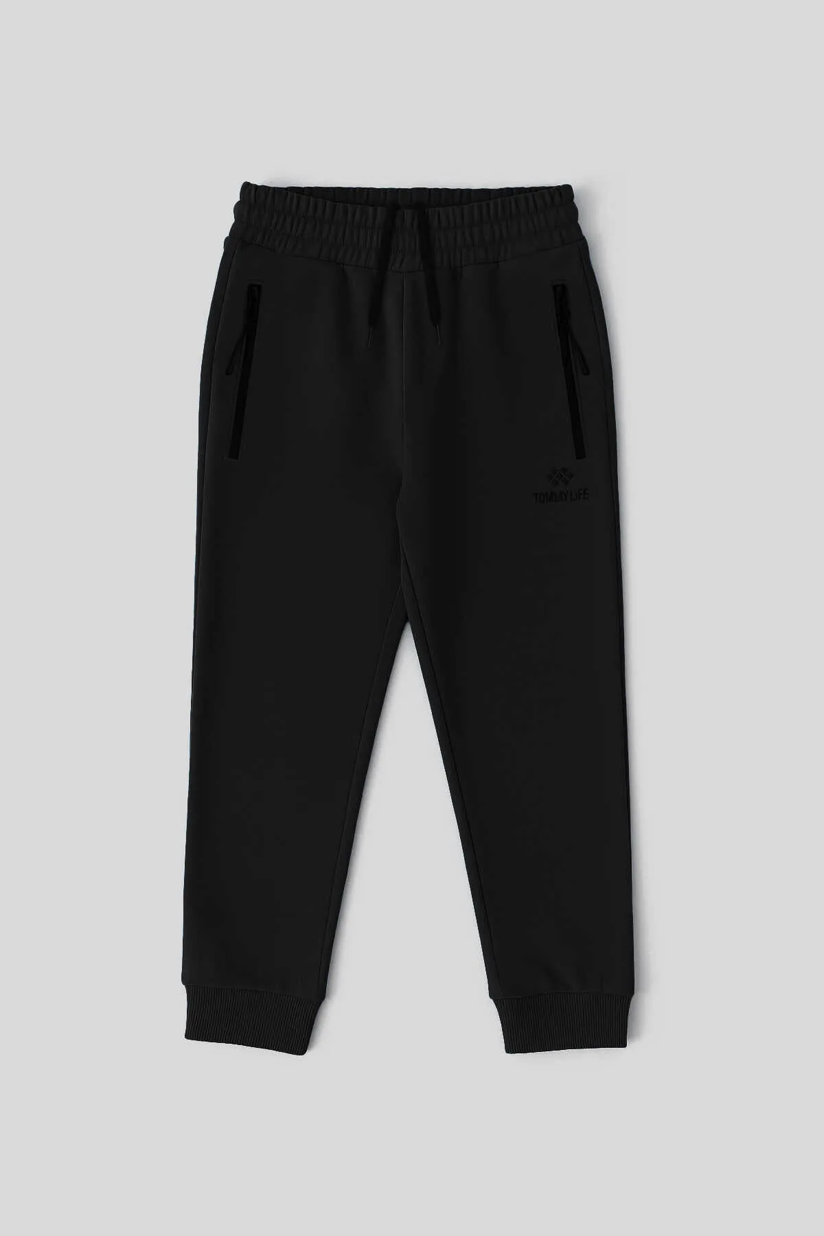 Tommylife Toptan Siyah Basic Fermuar Cepli Belden Bağcıklı Jogger Erkek Çocuk Eşofman Alt - 10798 - SİYAH – Siyah, 2-3
