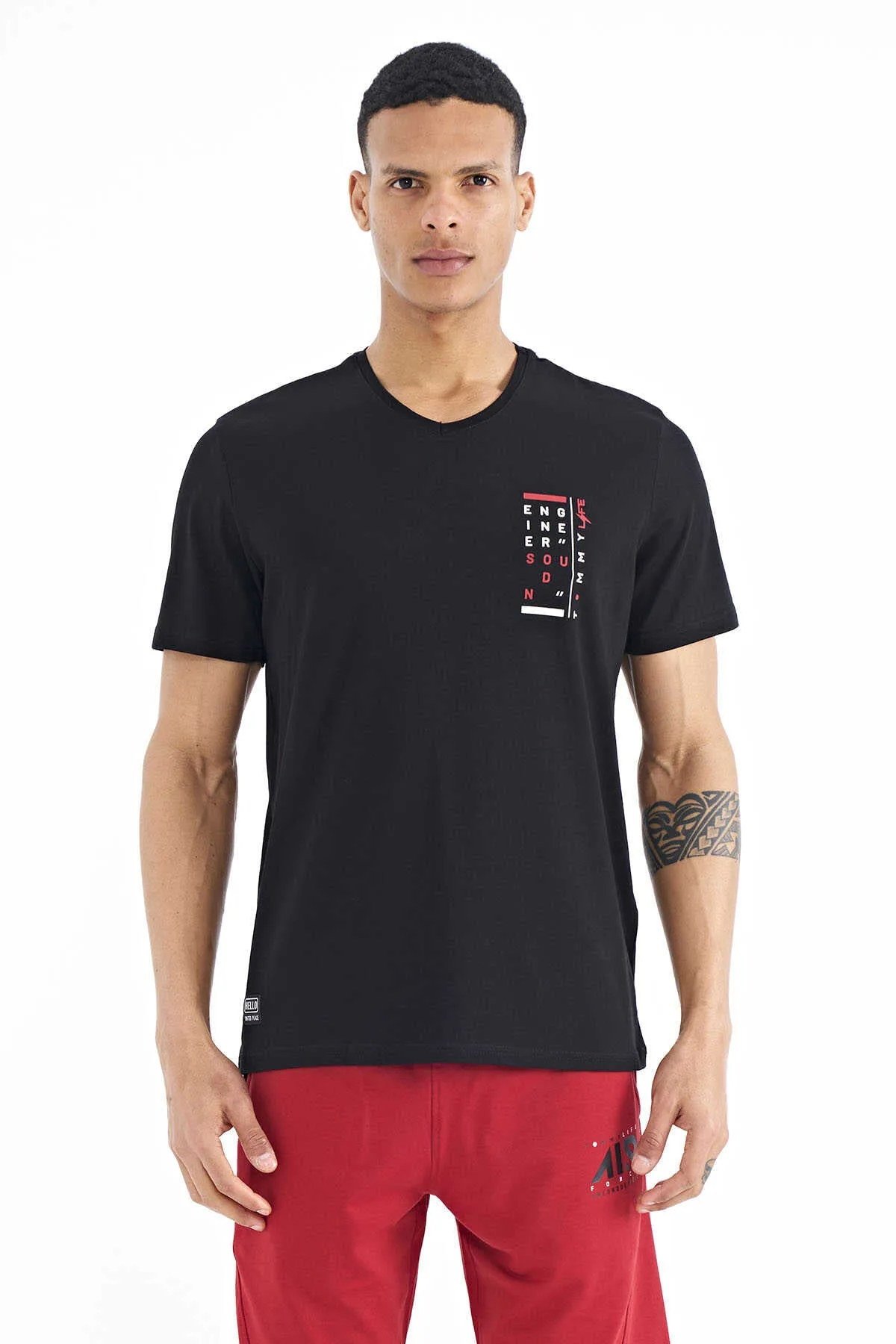 Tommylife Toptan Siyah Baskı Detaylı V Yaka Standart Kalıp Erkek T-Shirt - 88186 - SİYAH – Siyah, S