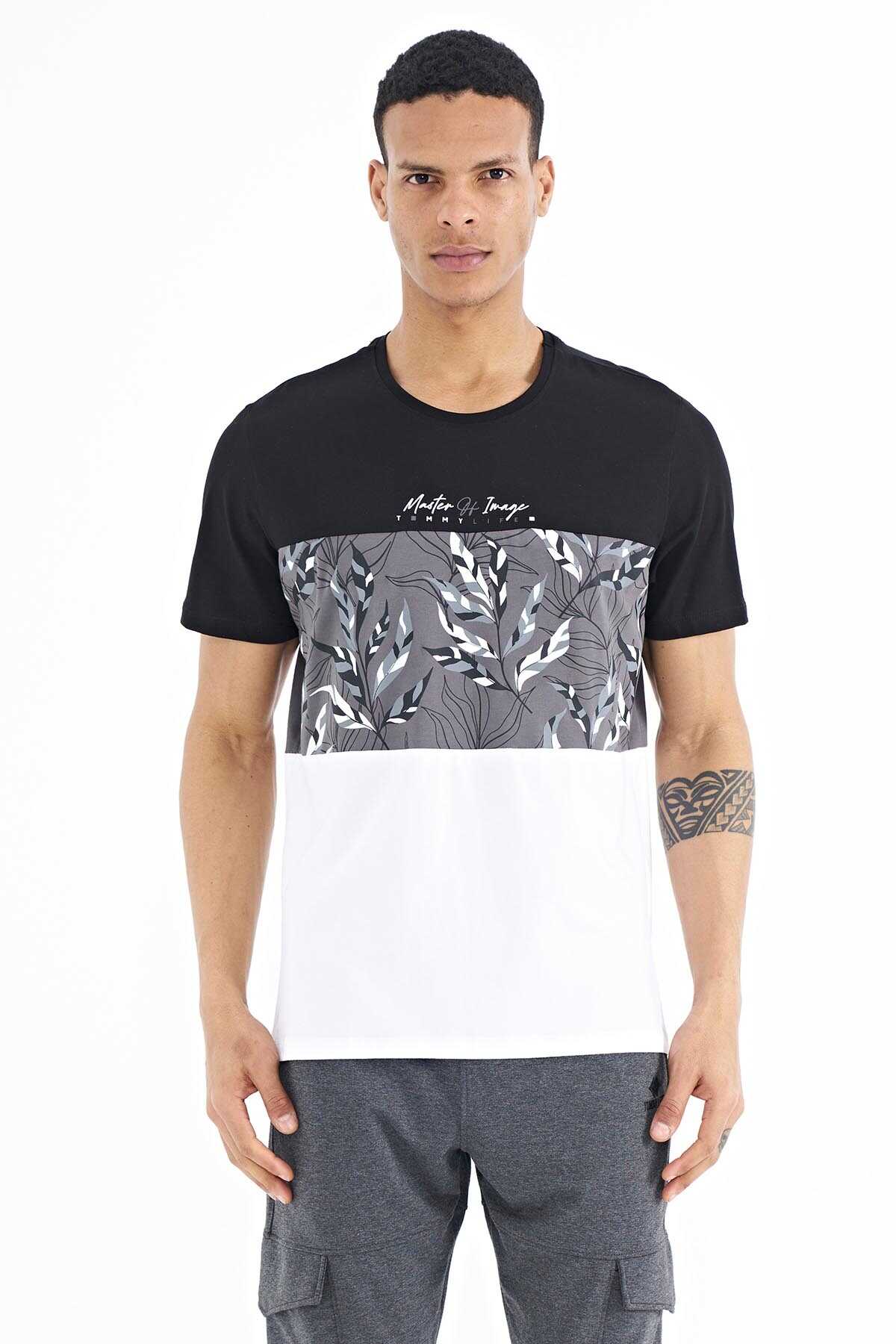 Tommylife Toptan Siyah Renk Geçişli Baskı Detaylı O Yaka Standart Kalıp Erkek T-Shirt - 88177 - SİYAH