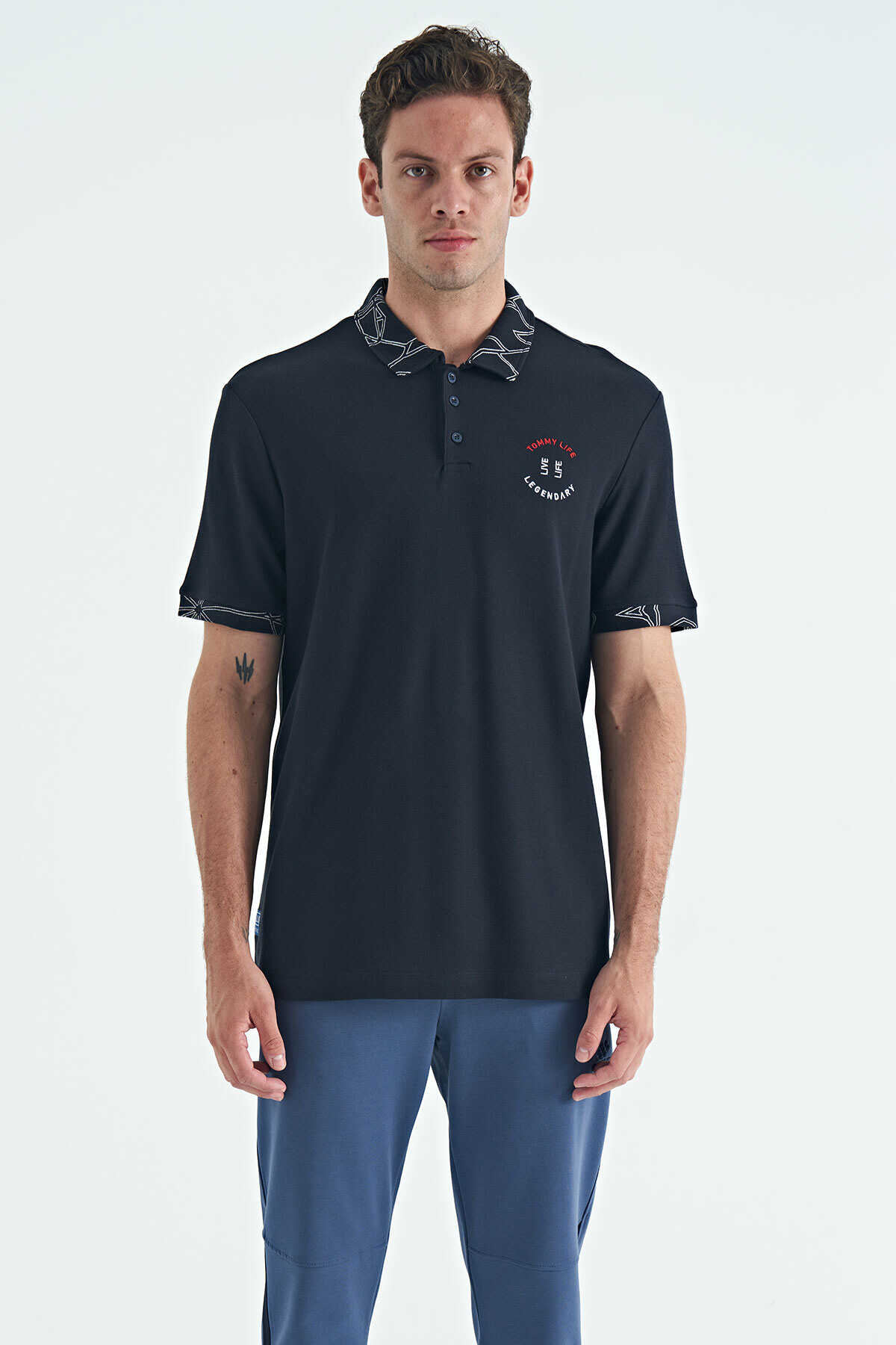 Tommylife Toptan Lacivert Yazı Nakışlı Baskı Detaylı Standart Kalıp Polo Yaka Erkek T-Shirt - 88239 - LACİVERT