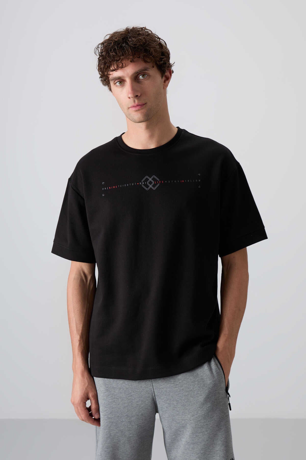 Tommylife Toptan O Yaka Oversize Baskılı Erkek T-Shirt 88323 Siyah - SİYAH