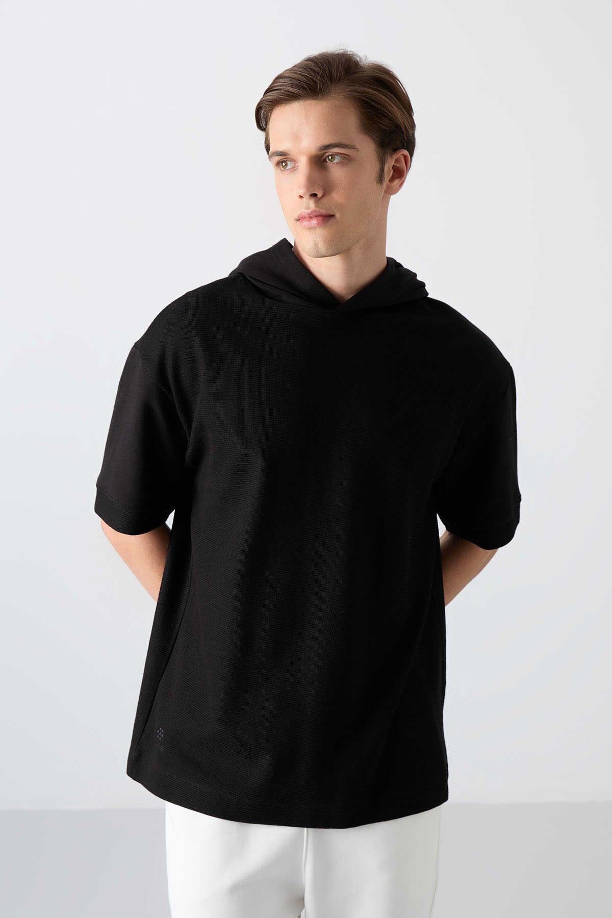 Tommylife Toptan Kapüşonlu Oversize Basic Erkek T-Shirt 88335 Siyah - SİYAH