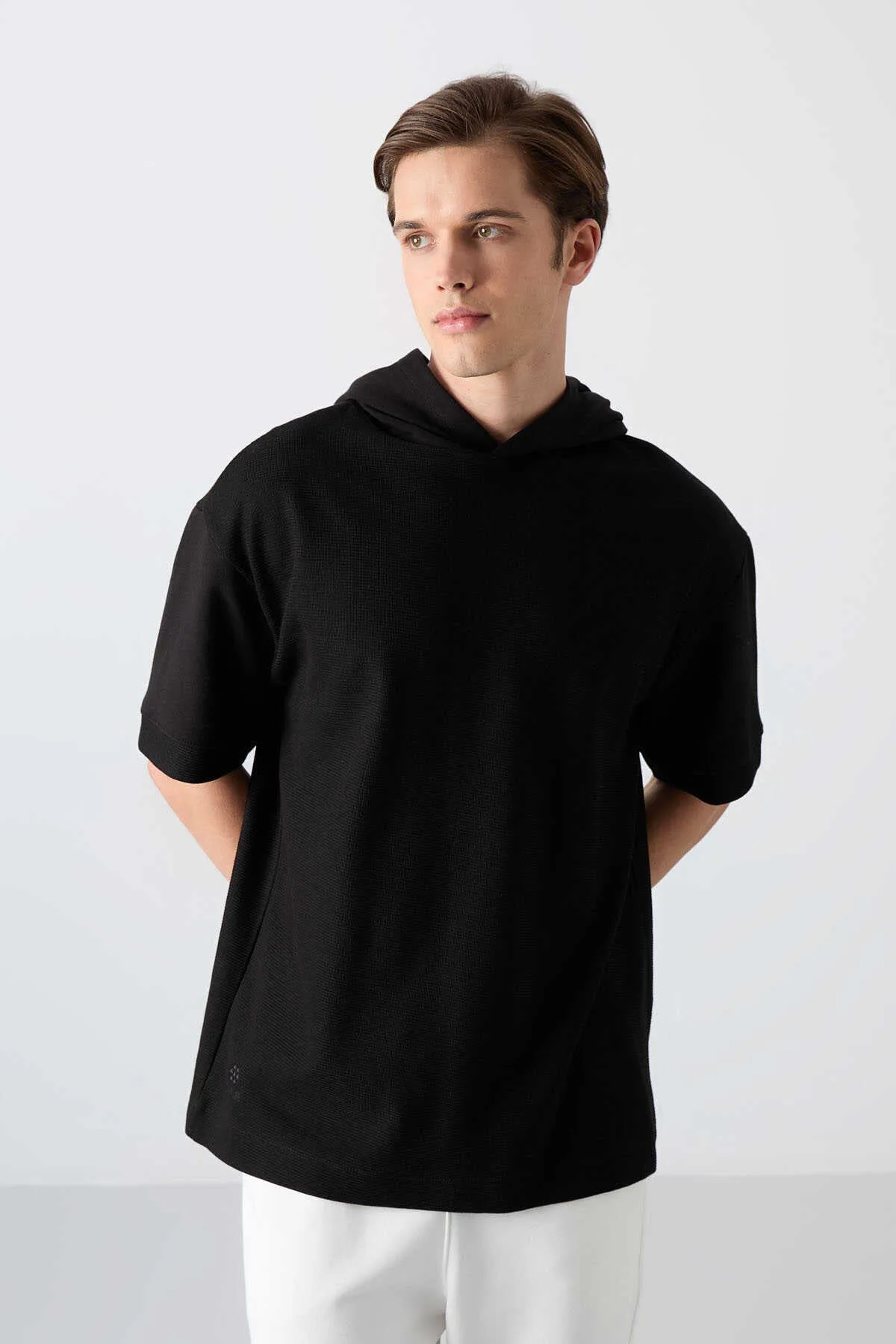 Tommylife Toptan Kapüşonlu Oversize Basic Erkek T-Shirt 88335 Siyah - SİYAH – Siyah, S