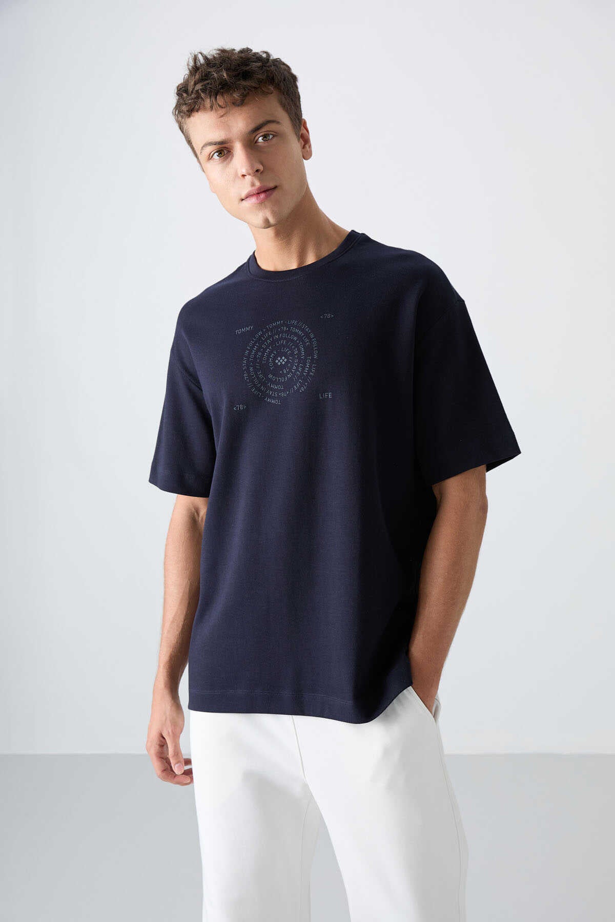 Tommylife Toptan O Yaka Oversize Baskılı Erkek T-Shirt 88324 Lacivert - LACİVERT – Lacivert, S
