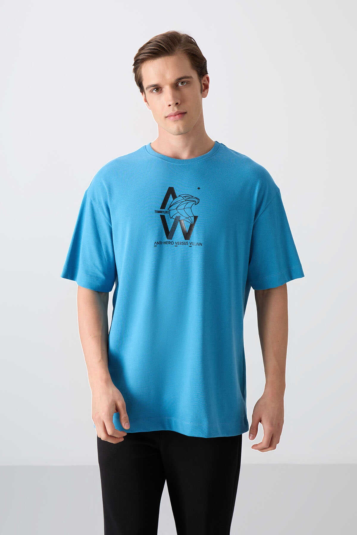 Tommylife Toptan O Yaka Oversize Baskılı Erkek T-Shirt 88332 Petrol Mavi - PETROL MAVİ