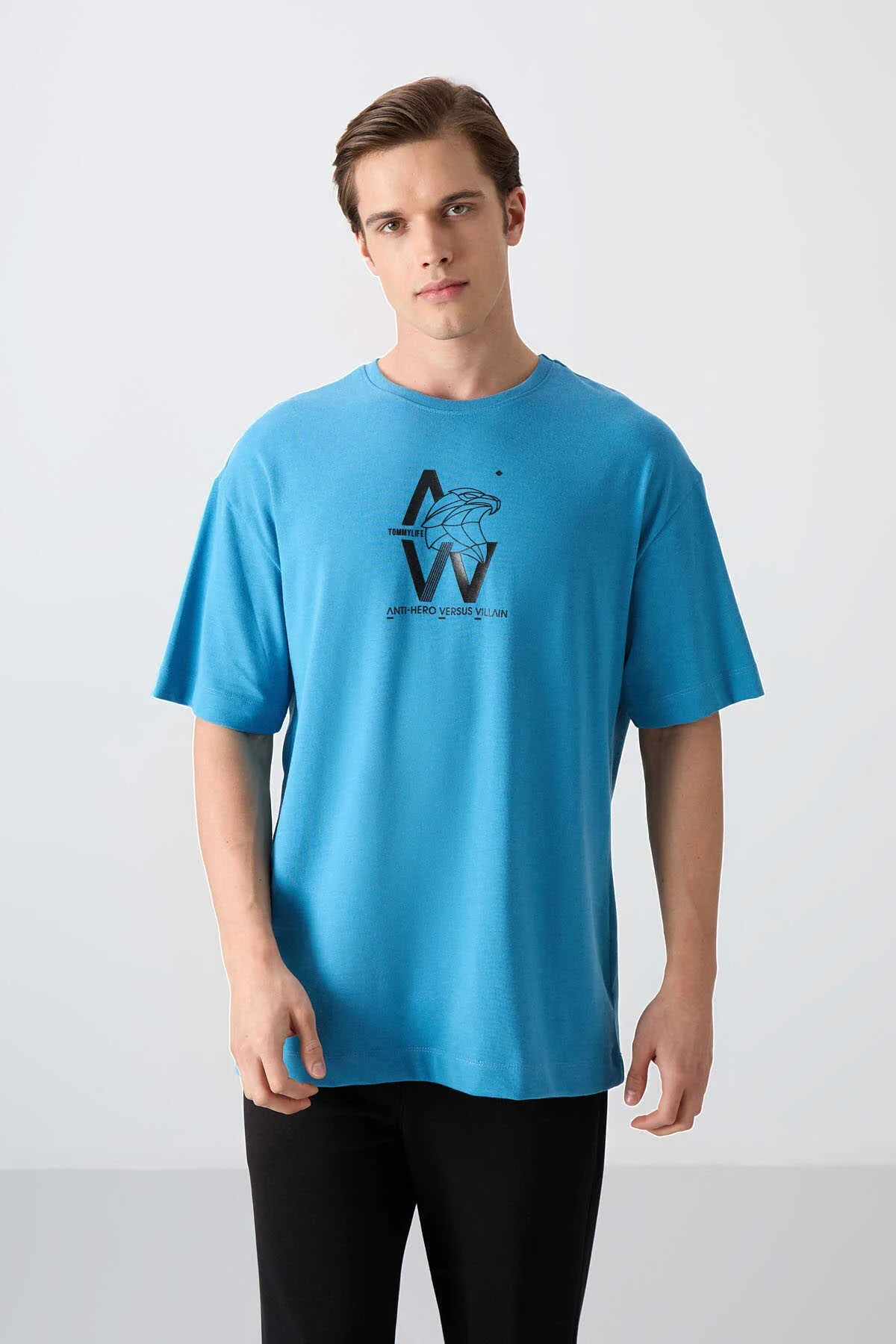 Tommylife Toptan O Yaka Oversize Baskılı Erkek T-Shirt 88332 Petrol Mavi - PETROL MAVİ – Petrol Mavi, S