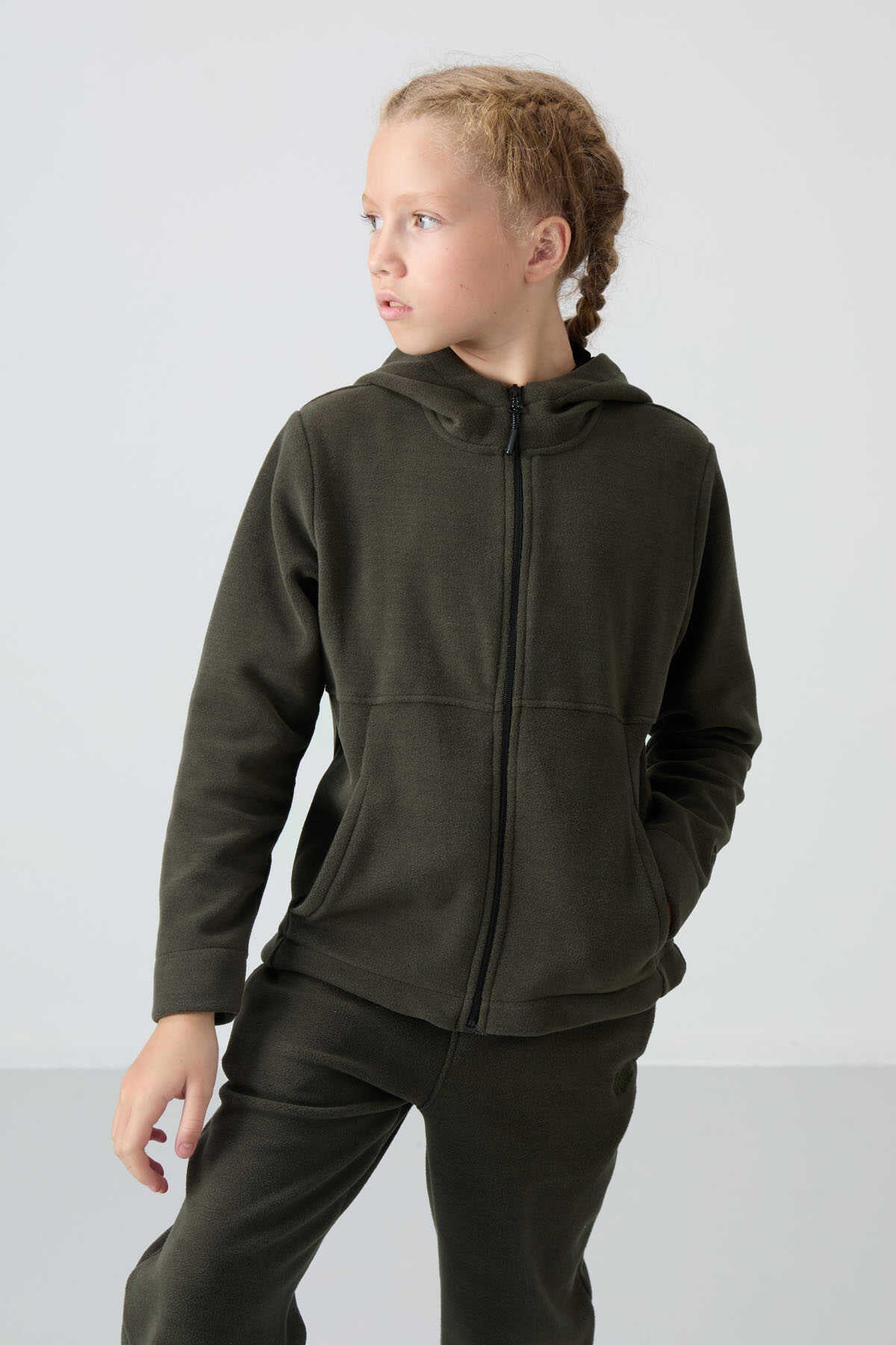 Tommylife Toptan 7-15 Yaş Kapüşonlu Standart Kalıp Kız Çocuk Polar Sweatshirt 75152 Haki - HAKİ