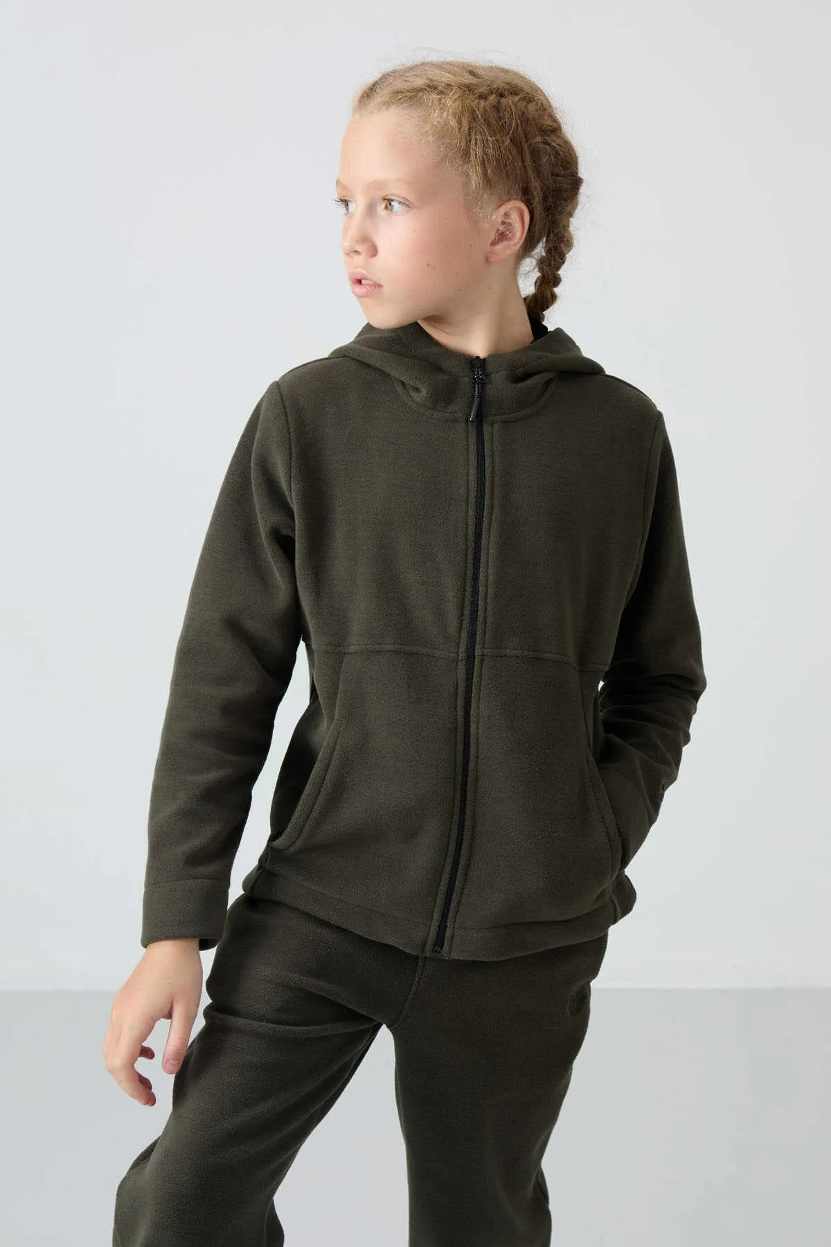 Tommylife Toptan 7-15 Yaş Kapüşonlu Standart Kalıp Kız Çocuk Polar Sweatshirt 75152 Haki - HAKİ – Haki, 7-8