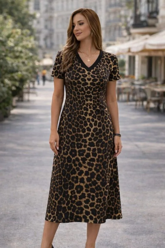 Kadın Kısa Kollu V Yakalı Leopar Desenli Kısa Süprem Elbise , 33177 – S